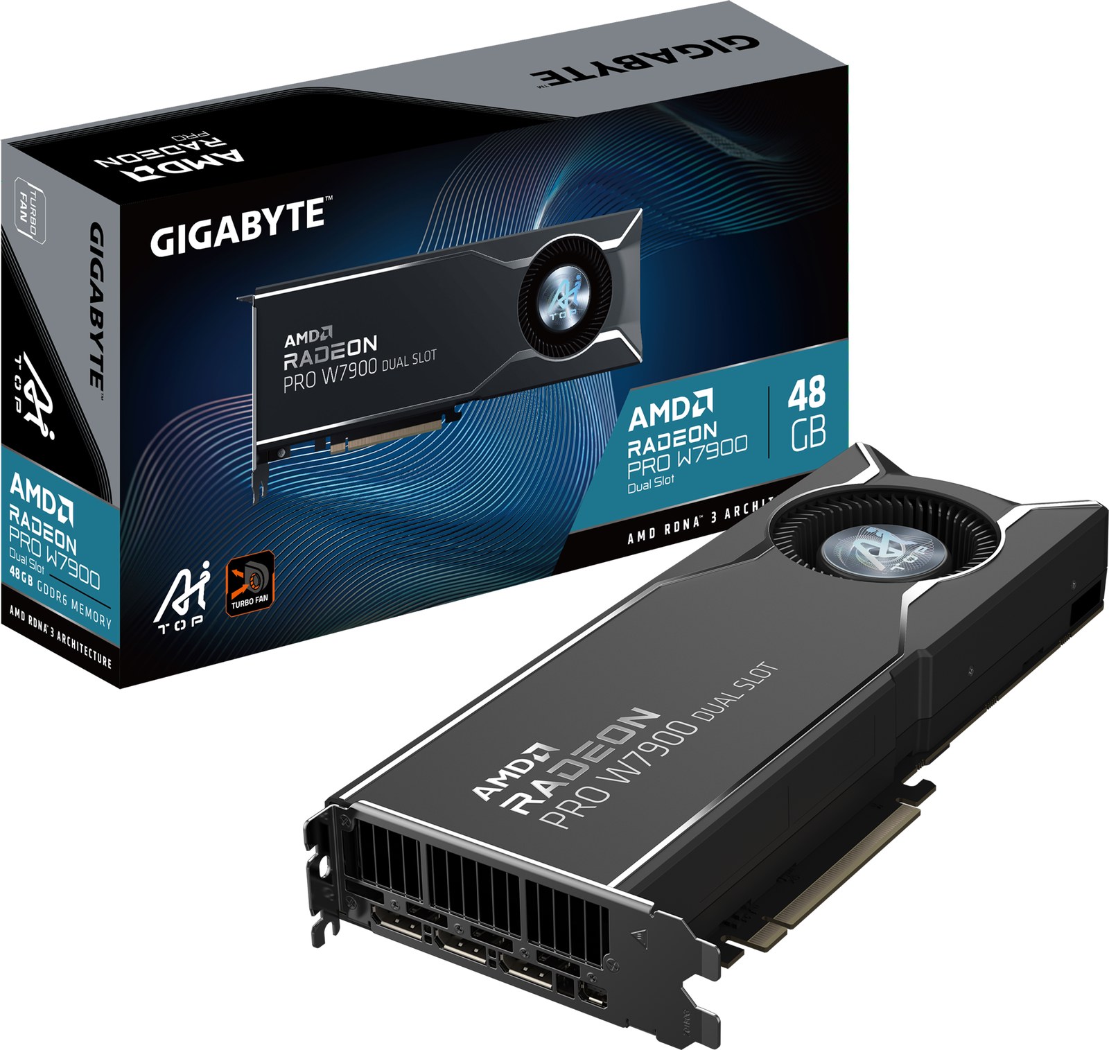 Gigabyte Radeon PRO W7900 AI TOP 48GB (W7900 AI TOP 48) Workstation GPU with AMD RDNA 3 architecture, 6144 stream processors, 96 Compute Units, 192 Ray Accelerators, 96 AI Accelerators, 48GB GDDR6 ECC (384-bit), Boost Clock 2495MHz, Base Clock 1855MHz, Memory Clock 18Gbps, PCIe 4.0 x16, 3x DisplayPort 2.1, 1x Mini DisplayPort 2.1, max resolution 12K @120Hz, supports 4 displays, Turbo blower-style cooling with vapor chamber & copper fins, dual ball bearing fan, metal backplate, AI TOP utility software, AV1 Encode/Decode, DirectX 12 Ultimate, OpenGL 4.6, recommended PSU 750W, dual-slot ATX form factor (29312642mm).