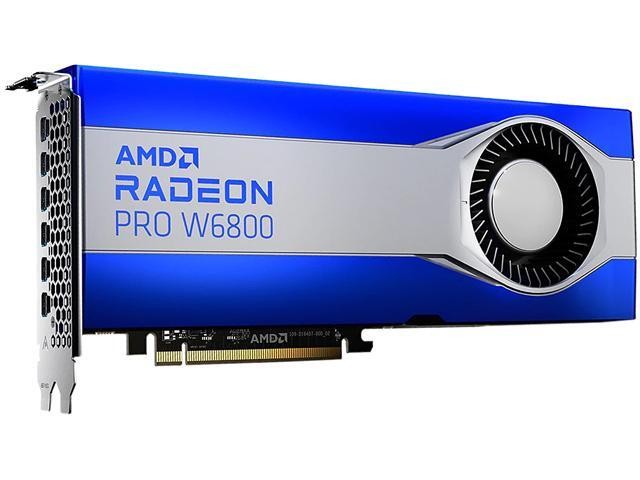 Amd Firepro/radeon pro W6800 - for professional 3D applications - 4x outputs , Pci-E 16x , with hardware OpenGL + directX 12 , 3840x stream processors , RT cores : 60 , 60 - 4mb L2 + 128mb L3 cache , 17820 GFLoPS , 556.8GTexels/Sec , 240x TMUs , RoPs:96 , core: 2075 / 2320mhz ; /memory : 16000mhz , 256bit 32Gb DDR6 ( transfer rate : 512gb/sec ) , 6x miniDisplayPort , 7nm , 250w TDP - 3 years warranty - require 6pin+8pin power connector