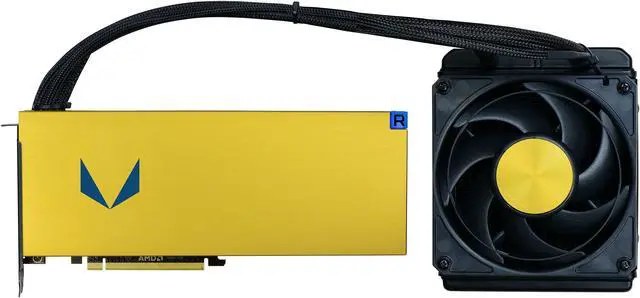Amd Radeon Vega Frontier Water cooling - for professional 3D applications - 3x outputs , 2 slots required , Pci-E 16x , with 120mm closed loop watercooler , hardware OpenGL + OpenCL + Vulkan APi + directX 12 , selectable workload drivers (compute / workstation / game development) , 4096x stream processors , 13107 Gigaflops , core/memory : 1600/1886mhz , 2048bit 16Gb HBM2 ( transfer rate : 483gb/sec ) , 3x DisplayPort + 1x HDMi , 225w TDP - require 2 x 8pin power connector - 2 years warranty