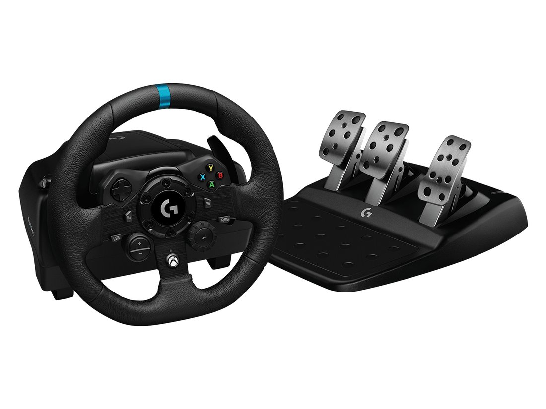 Logitech 941-000158 G923X trueforce racing wheel for PC or Xbox - dual-motor force feedback with overheat safeguard , 900 degrees lock-to-lock , Anodized aluminum + hhand-stitched leather wheel , Helical gears with anti-backlash , nonlinear brake pedal - usb