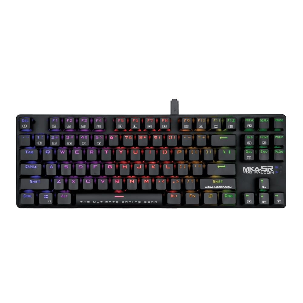 Armaggeddon MKA-5R RGB FALCON Mechanical Keyboard Kevlartech Keycaps: Concave for better comfort with life-time fade-proof warranty Light-Weight with Detachable Cable for Improved Mobility 16.8 Million Customizable RGB LED Backlight Individually lit keys with 16.8 Million Colours to choose from, 14 EFX, 5 game lighting profiles and adjustable brightness and speed Specifications: Concave Kevlartech, keycaps with lifetime fadeproof warranty, 16.8 Million customizable RGB LED backlight , Individually lit up keys with16.8 colours to choose from, 14 EFX, 5 game lighting profiles and adjustable brightness and speed, Total Travel: 3.60~4.00mm, Work Travel: 2.20±0.6mm, Work Force: 50 ± 5gf, Tactile/Operating Force: 60 ± 5gf, Tactile Travel: 1.8mm, Trigger Force: Min 30gf, Max 65gf, Cable Length: 1.8m High Quality Keyboard form Factor: Top panel: High quality polypropylene with brush metal finish, Key Caps: 87 x KevlarTech high quality keycaps with lifetime fade proof warranty, LED indicator: 1 x Capslock, 1 x Scroll lock