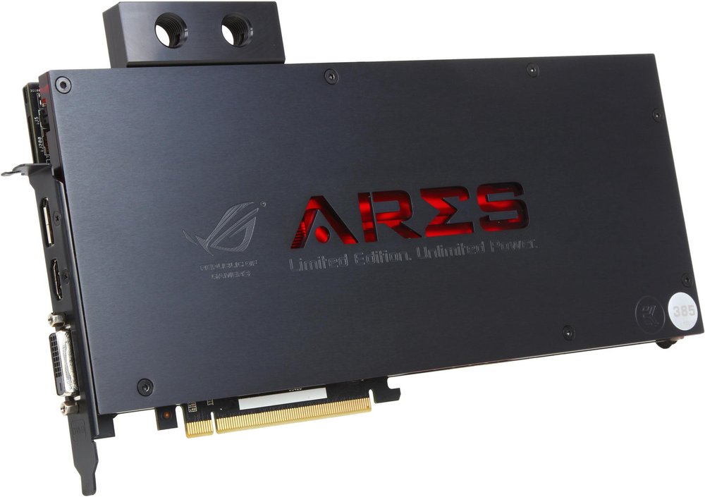 Asus RoG ARES3(iii)-8GD5 limited Edition ( dual R9290X ) - single slot design , water cooling ready , DIGI+ VRM 16-phase Super Alloy digital power , Japan-made black metallic capacitors - support XDMA CrossFire ( no external connectors required ) , TrueAudio HDMi with dedicated PAP ( Programmable Audio Pipeline ) to reduce CPU load - 28nm , 8Gb 512bit 4 channel DDR5 , 128RoPs , 640Gb/sec memory transfer ; 11264 GigaFLoPs, 352GT/s texture fill rate. , 5632 stream processors , 352 texture unit , core clock : 1030mhz with boost ; memory : 5000mhz , DVi+HDMi+DisplayPort - require 8pin+6pin power connector - full retail pack