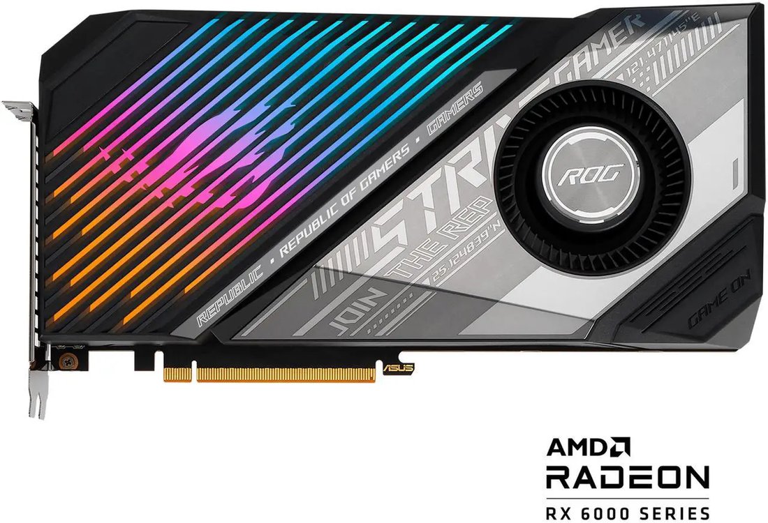 Asus RX 6800 XT ROG Strix LC O16G Gaming (90YV0FL0-M0NM00) Liquid-cooled desktop GPU with AMD RDNA 2 architecture, 16GB GDDR6 (256-bit), Boost Clock 2360MHz, Game Clock 2110MHz, 4608 stream processors, PCIe 4.0 x16, 2x DisplayPort 1.4a, 1x HDMI 2.1, 1x USB-C, max resolution 76804320, supports 4 displays, full-coverage cold plate, 240mm radiator with dual ARGB fans, 600mm tubing, blower-style VRM cooling, Aura Sync RGB, ASUS FanConnect II, GPU Tweak II software, recommended PSU 750W, 2.2-slot card (277130.843.6mm), radiator (27612051.7mm).