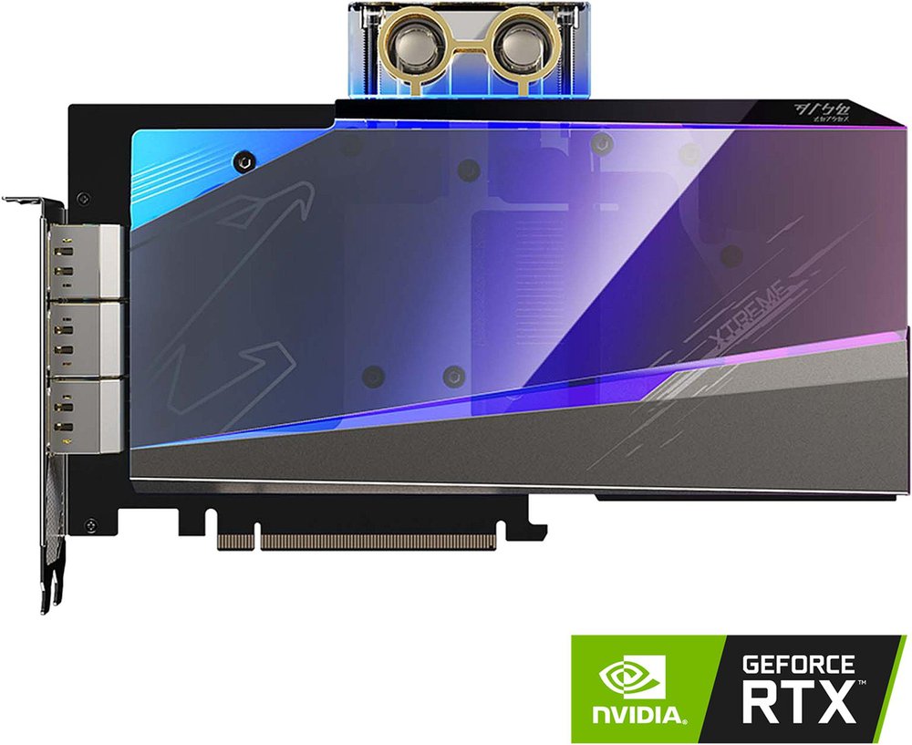 Gigabyte GV-N3080AORUSX WB-12GD - rtx3080 Aorus Xtreme WaterBlock ( custom watercooling required ) - with Fusion2.0 RGB Lighting , 2 slots required , 8nm , Pci-E 4.0 16x , 12Gb 384bit DDR6X (912Gb/sec memory transfer ) , RoPs : 112 , 8960 cuda cores , Tensor / RT cores : 280/75 with 8.75mb L1 + 5mb L2 cache , 192 GPexels/Sec , 479 GTexels/Sec , 30640 GFLoPS , 280x TMUs , core clock : 1710/1830mhz ; memory : 19000mhz , 3x DP+ 3x HDMi - require 2x8pin power connector