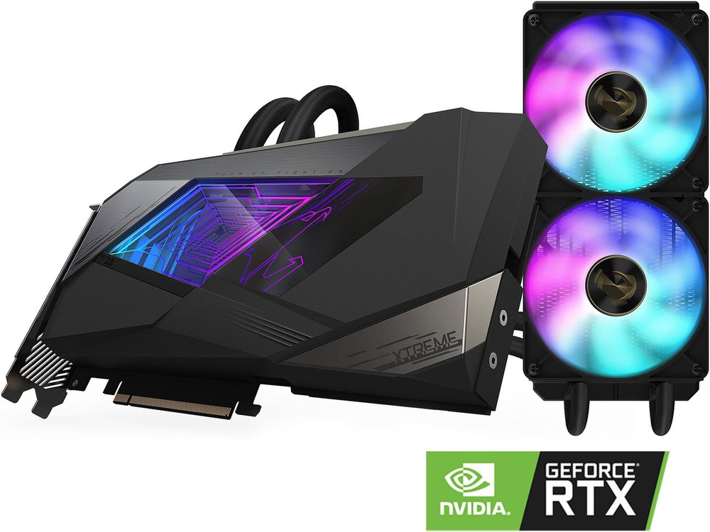 Gigabyte GV-N3080AORUSX W-10GD - rtx3080 Aorus Xtreme Waterforce ( built-in all-in-one watercooling + 240mm radiator with 2x120mm RGB fans ) - with Fusion2.0 RGB Lighting , 2 slots required , 8nm , Pci-E 4.0 16x , 10Gb 320bit DDR6X (760Gb/sec memory transfer ) , RoPs : 96 , 8704 cuda cores , Tensor / RT cores : 272/68 with 8.5mb L1 + 5mb L2 cache , 164 GPexels/Sec , 465 GTexels/Sec , 29770 GFLoPS , 272x TMUs , core clock : 1710/1845mhz ; memory : 19000mhz , 3x DP+ 3x HDMi - require 2x8pin power connector