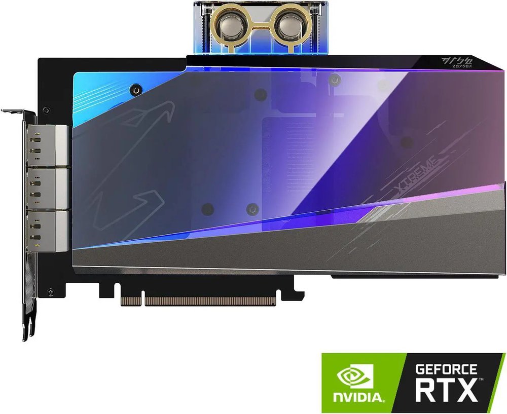 Gigabyte GV-N3080AORUSX WB-10GD - rtx3080 Aorus Xtreme WaterBlock ( custom watercooling required ) - with Fusion2.0 RGB Lighting , 2 slots required , 8nm , Pci-E 4.0 16x , 10Gb 320bit DDR6X (760Gb/sec memory transfer ) , RoPs : 96 , 8704 cuda cores , Tensor / RT cores : 272/68 with 8.5mb L1 + 5mb L2 cache , 164 GPexels/Sec , 465 GTexels/Sec , 29770 GFLoPS , 272x TMUs , core clock : 1710/1845mhz ; memory : 19000mhz , 3x DP+ 3x HDMi - require 2x8pin power connector