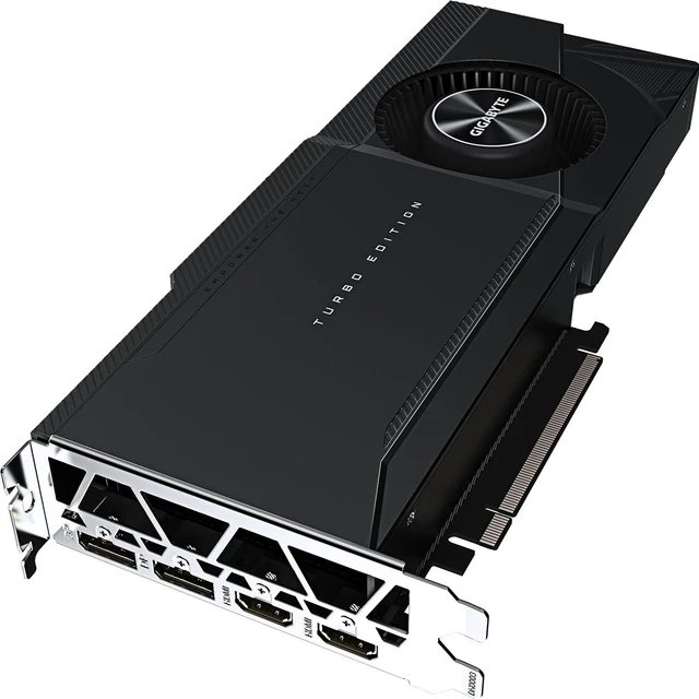 Gigabyte GV-N3080TURBO-10GD - rtx3080 Turbo - 2 slots required , 1x 80mm blower fans with all copper Vapor chamber heatsink , back-sided heatsink , 8nm , Pci-E 4.0 16x , 10Gb 320bit DDR6X (760Gb/sec memory transfer ) , RoPs : 96 , 8704 cuda cores , Tensor / RT cores : 272/68 with 8.5mb L1 + 5mb L2 cache , 164 GPexels/Sec , 465 GTexels/Sec , 29770 GFLoPS , 272x TMUs , core clock : 1710/1800mhz ; memory : 19000mhz , 3x DP+ 2x HDMi - require 2x8pin power connector