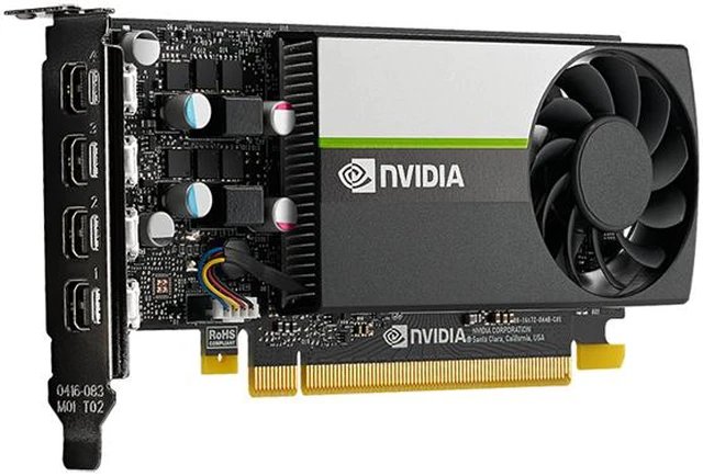 PNY Quadro T1000 - TU117 Turing - for professional 3D applications , standard + Low-profile dual bracket , with hardware OpenGL 4.5+ directX 12+ shader model 5.1 , Pci-E 16x , core/memory : 1395/10024mhz , 128bit 4Gb GDDR6 ( transfer rate : 160Gb/sec ) , 896x SMX CUDA parallel processor cores , 0.88mb L1 + 1mb L2 cache , 2500GFLoPS , 44.64 GPixel/sec , 78.1GTexels/Sec , 56x TMUs , RoPs:32 , 64x FSAA ; 4x mini DisplayPort , with 4x mini DisplayPort to DP adapter - 3 years warranty
