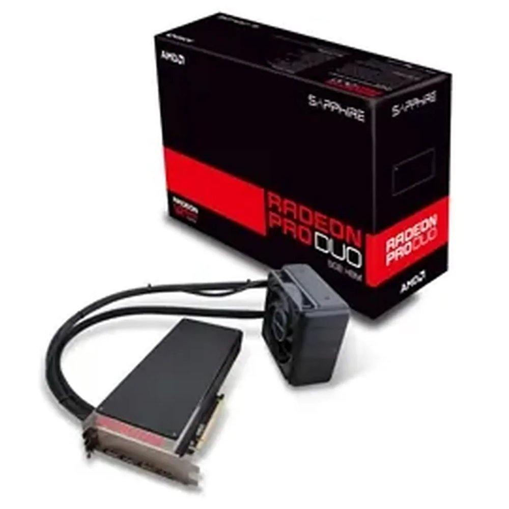 Sapphire Pro Duo ( FuryX x2 dual GPU ) - water cooling , dual bios- Freesync technology , support LiquidVR , support XDMA CrossFire ( no external connectors required ) , TrueAudio HDMi with dedicated PAP ( Programmable Audio Pipeline ) to reduce CPU load - 28nm , 8Gb 4096bit HBM ( High Bandwidth Memory ) , 128RoPs , 1024Gb/sec memory transfer ; 16384 GigaFLoPs, 512GT/s texture fill rate. , 8192 stream processors , 512 texture unit , core clock : 1000mhz with boost ; HDMI+3xDisplayPort ( upto 6x displays via displayport MST hub ) - require 2x8pin power connector - full retail pack