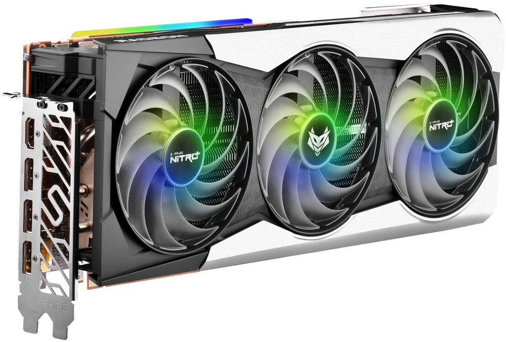 Sapphire rX6900XT Nitro+ Special edition - RDNA2 architecture with hardware raytracing , 3 slots required , with nitro glow ARGB LED + aluminum backplate - with fuse protection + Fan iC control + Black Diamond Choke 4 + 3x ARGB fan with double-ball bearing + quad copper heatpipes + black polymer cap + nitro fan check, quick connect, cooltech, freeflow, boost + FRTC (frame rate target control) + Intelligent Fan Control III + dual bios - support liquidVR + XConnect ( external GPU solution for NB ) + eyefinity + Freesync technology + XDMA CrossFire ( no external connectors required ) + HDR , 7nm , Pci-E 4.0 16x , 16Gb 256bit GDDR6 ( 512Gb/sec memory transfer ) , 128RoPs ; 23040 GigaFLoPs, 288 GPexels/Sec , 720GT/s texture fill rate , 5120 stream processors , 320x texture unit , core clock : 2135/2365 mhz ; memory : 16000mhz , 3x DisplayPort 1.4 - require 2x8pin + 1x6pin power connector