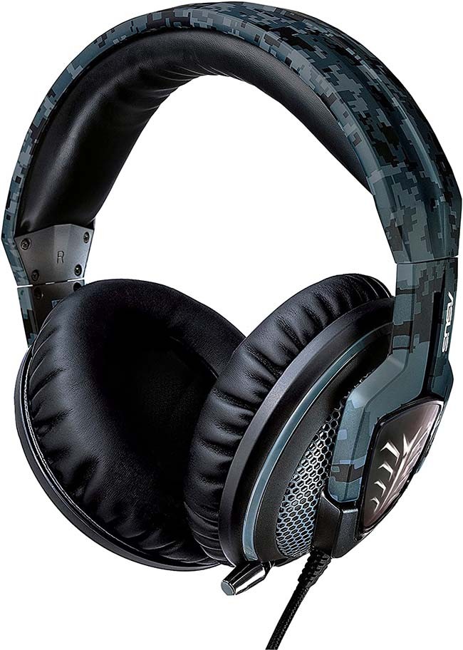Asus Echelon Navy edition - gaming headset - military camo style , retractable noise-filtering microphone , 50mm neodymium magnet drivers with 100mm over-ear cushions , with in-line volume control , with in-line volume control with cable organizer , 3.5mm 4-pole connector , 1.2m cable for mobile + 1.3m extension audio/mic spliter cable for PC