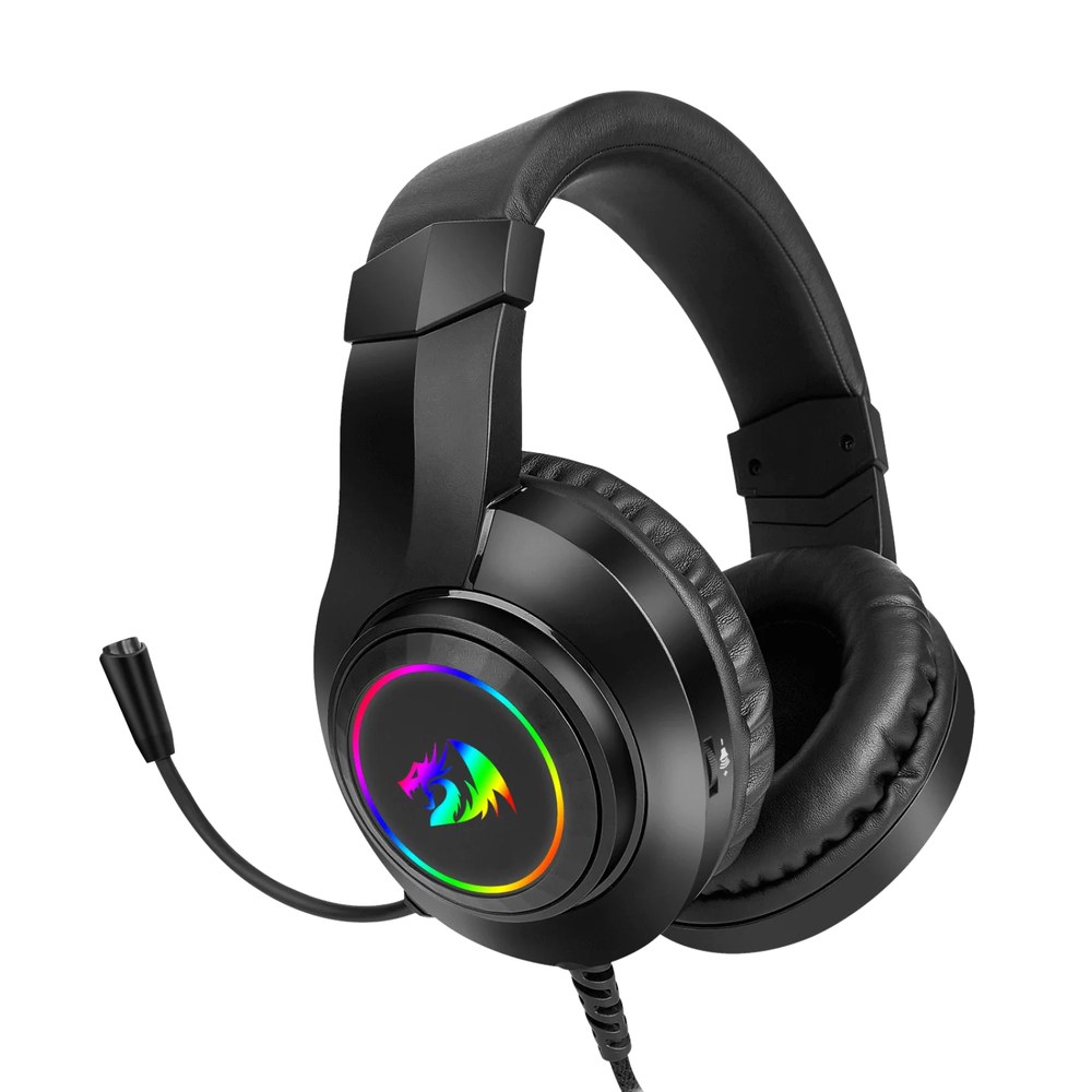 Redragon H260 hylas RGB gaming headset Black - with omni directional noise cancelling mic , 7.1 surround sound , RGB lighting , on-ear volume controls , 2x connection modes (3.5mm combo / 3.5mm split) , 50mm drivers , adjustable headband , memory foam leatherette earcups - 3.5mm (audio) + USB (power)