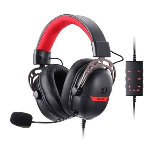 Redragon H376 aurora gaming headset Black - with omni directional noise cancelling mic , 7.1 surround sound , in-line controls ( volume + mute + EQ + surround mode ) , 40mm drivers , aluminum fork with adjustable steel headband , memory foam leatherette earcups - usb