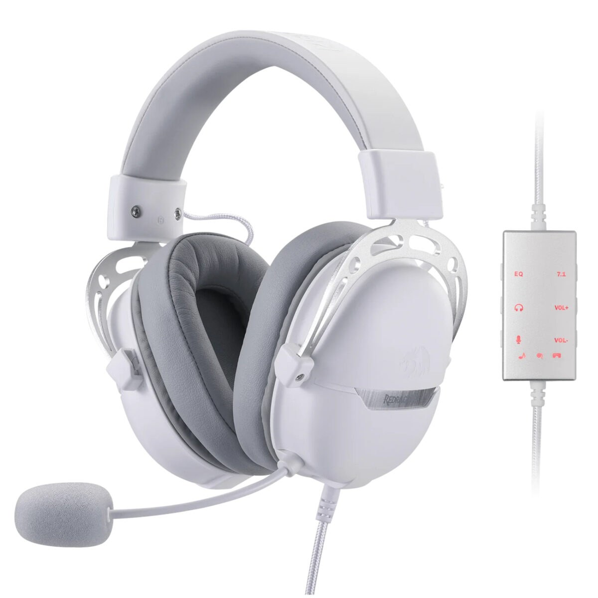 Redragon H376 aurora gaming headset White - with omni directional noise cancelling mic , 7.1 surround sound , in-line controls ( volume + mute + EQ + surround mode ) , 40mm drivers , aluminum fork with adjustable steel headband , memory foam leatherette earcups - usb