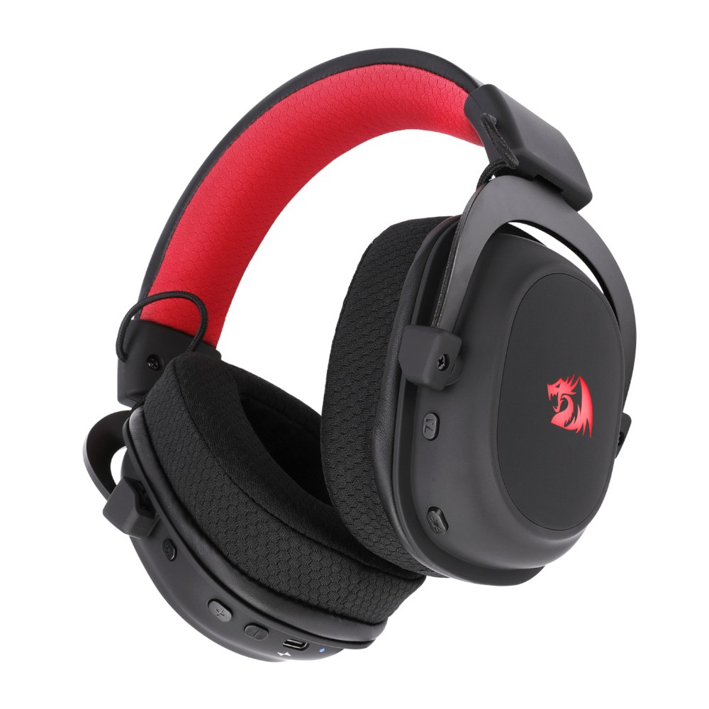 Redragon H510 zeus wireless + bluetooth gaming headset Black - with detachable omni directional noise cancelling mic , 7.1 surround sound , on-ear controls ( volume + mute + surround mode ) , 3x connection modes (wired / wireless / bluetooth) , 53mm drivers , aluminum fork with adjustable steel headband , memory foam fabric earcups , built-in rechargeable battery with USB-C charging - usb wireless receiver