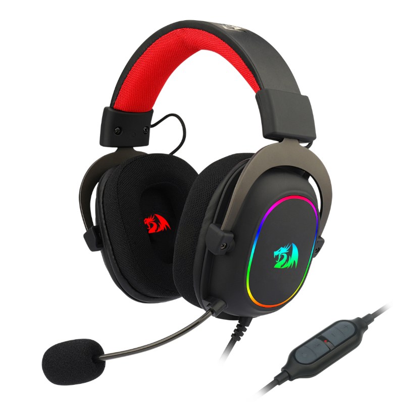 Redragon H510 zeus-x RGB gaming headset Black - with omni directional noise cancelling mic , 7.1 surround sound , RGB lighting , in-line controls ( volume + mute ) , 50mm drivers , aluminum fork with adjustable steel headband , memory foam fabric earcups - usb