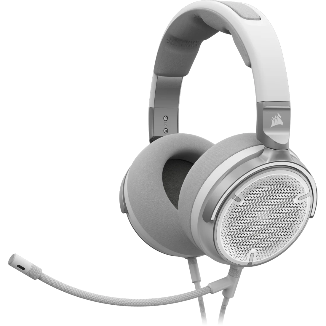 Corsair ca-9011371 Virtuoso Pro wired streaming/gaming headset - White + Silver highlight - open back design with improved airflow to reduce ear preasure , NVIDIA broadcast and VST software compatible , 24bit/96KHz , 20Hz-40KHz , detachable omni-directional mic with noise-filtering , on-headset control with volume+mute , aluminum construction with microfiber/memory foam earpads- 4-pole 3.5mm with Y-adapter for PC/ game console/ mobile - 2 years warranty