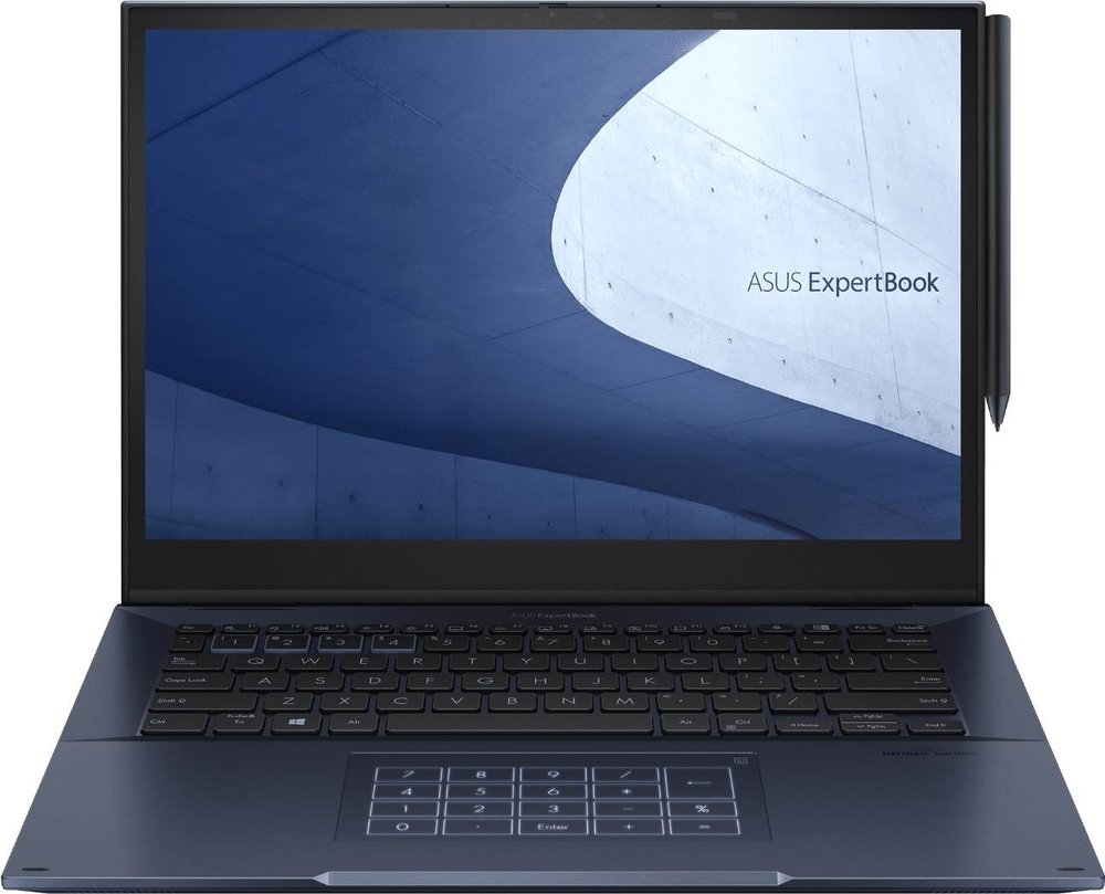 Asus expertbook B7 Flip B7402Fea-i716512B0X - i7 Quad core + 512Gb M.2 NVMe SSD + windows Pro + Touch-screen + 360 hinge - with AHCS ( Advanced Hybrid Cooling System ) , dual mics + Harman Kardon-certified speakers - with WOL ( Wake-on-LAN ) + fingerprint reader + TPM + vPro with SBA + Intel Anti-theft , US MIL-STD 810H military standard shockproof design , NumberPad touchpad + stylus- intel tiigerlake Core i7-1195G7 - Quad core+ hyper-threading ( 8-threads ) , 2.9Ghz upto 5Ghz turbo-boost ( with VT-x+ VT-d+ no TXT , 10nm , 58.3GB/sec memory bandwidth ; 12mb L2 cache ) , 16Gb DDR4 ( 8Gb on-board + 8Gb in open slot upto 40Gb ) , Iris Xe graphics ( 1400hz GPU , 96EU upto 32Gb ) with HDMi+miCroHDMi+miniDP out , 14" WQXGA Touch LED ( 2560x1600 ) , 720P HD webcam with privacy shield , 512Gb NVMe M.2/nGff SSD + optional 2.5" , no optical , built-in smart card reader + bluetooth + gigabit lan ( via miCroHDMi ) + dual band 802.11AX WiFi-6 , 2x USB3 type-C/Thunderbolt4 ( 40Gbps ) + 2x USB3 type-A (Gen2/10Gbps) , no numeric keypad , 3 Cells battery ( 63 Whrs ) - with windows 11 Pro 64bit + Office Ready ( professional with 60 day free trial ) - 1 year on-site warranty