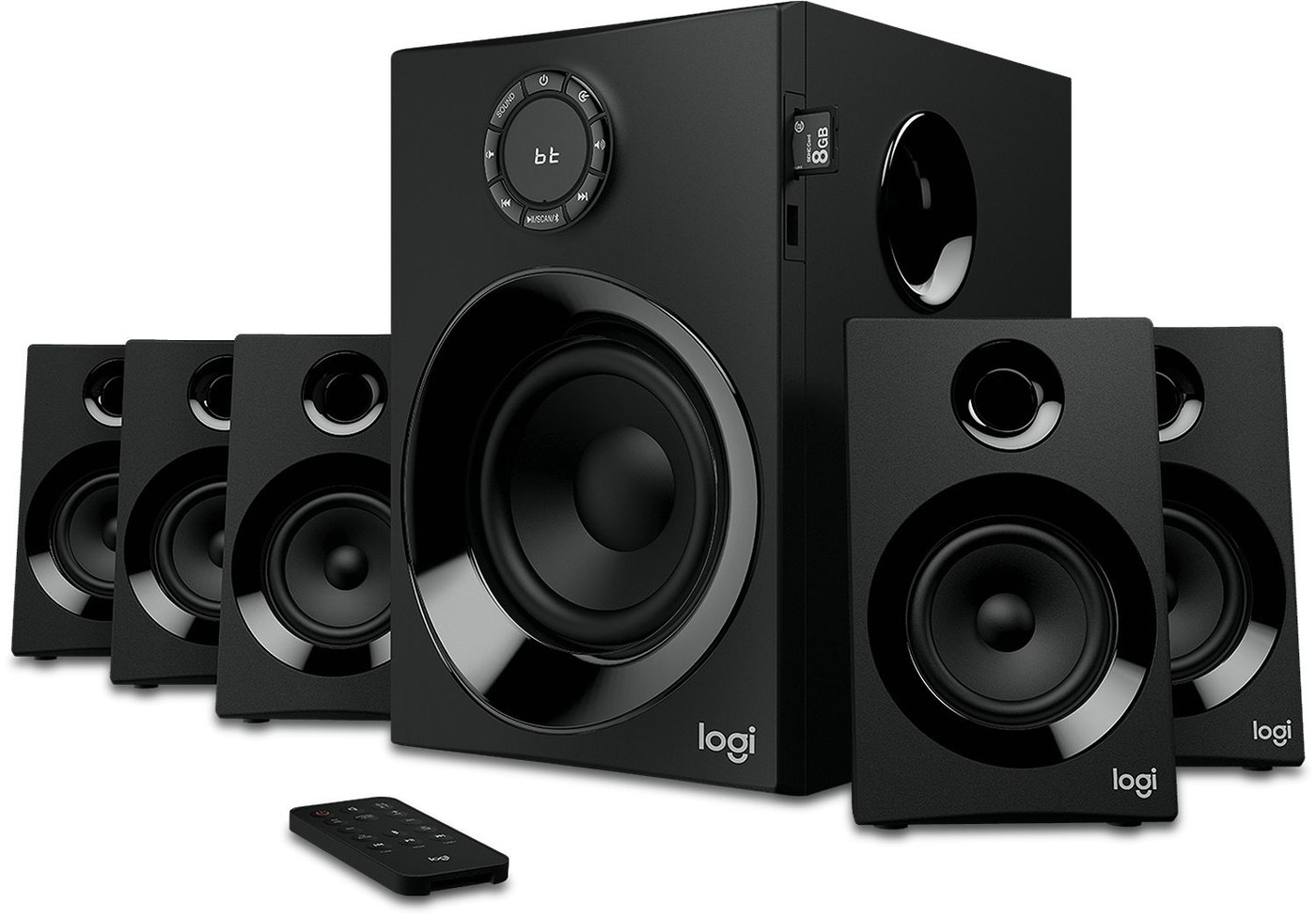 Logitech 980-001316 Z-607 5.1 speaker - wired + Bt wireless + Usb flash drive ( upto 32Gb only with FAT format ) + Sd card reader ( for SDHC upto 32Gb only with FAT format ) , 80w ( 25+ 4x11+ 11 ) , 3.5mm + RCA , headphone jack , dedicated bass control , wireless remote control - black