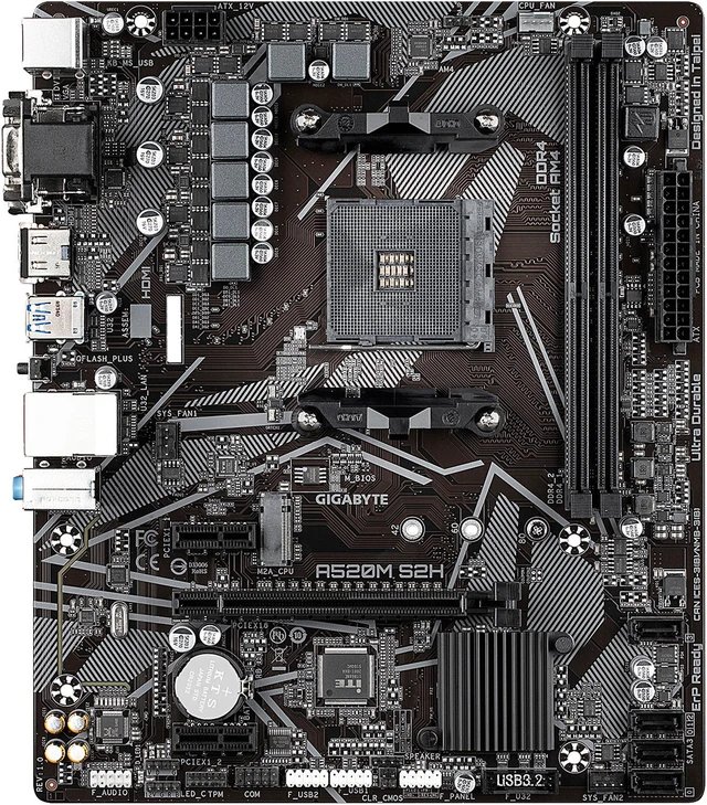 GIGABYTE Motherboard AMD A520M-S2H for 3rd/4th/5th Generation AMD Ryzen™ processors; 2x Dual DDR4; 1x M2; HDMI; DVI; VGA.