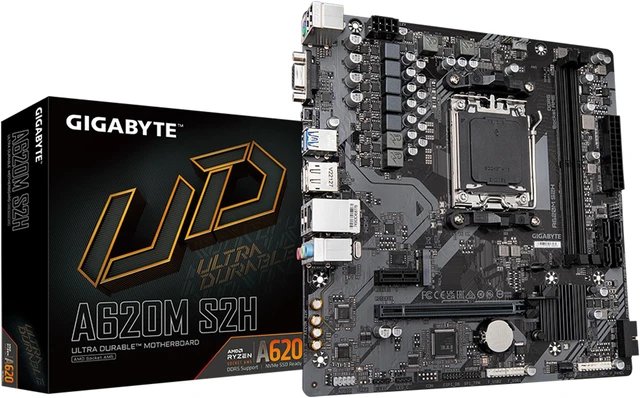 Gigabyte A620M S2H : AMD AM5 mb - with 5+2+2 phase digital VRM , Addressable LED Strip Support , on-board multi-key buttons , 2x copper PCBs design , MoSFET heatsinks SmartFan6 with 5x temperature sensors + 3x hybrid fan headers- AMD A620 chipset , 2x dual channel DDR5-6400(O.C)/5200 upto 64Gb , 4x SATA6G + 1x M.2/NGFF ( Gen4x4 ) with raid 0/1//0+1/5/10 , on-board display with D-SUB+ HDMi+ DP triple outputs ( depends on CPU ) + Realtek ALC1220-VB 7.1 audio + realtek gigabit lan ; 1x PCi-E3.0(x1) + 1x pci-e 4.0 (x16@16x) , with 2x USB3 type-A ( Gen1 5GBPs ) + 4x USB2.0 , bundled norton internet security - micro-atx