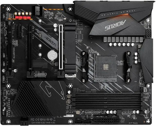 Gigabyte B550 Aorus Elite : AMD AM4 mb - with 12+2 phase digital VRM , pre-mounted I/O shield with thermal armor + RGB Fusion 2.0 with on-board RGB display ( multi zones ) , Addressable LED Strip Support , on-board Q-Flash buttons , 2x copper PCBs design , MoSFET heatsinks SmartFan5 with 6x temperature sensors + 5x hybrid fan headers , solid pin power connectors ( ATX 24+8pin ) , PCIe armor with stainless steel shielding+double locking bracket- AMD B550 chipset , 4x dual channel DDR4-4733(O.C)/3200 ( ECC + non-ECC ) with XMP support upto 128Gb , 4x SATA6G + dual ( Gen4x4 + Gen3x4 ) M.2/NGFF with thermal guards ( PCIe or SATA ) with raid 0/1//0+1/5/10 , on-board display with HDMi+DP dual output ( depends on CPU ) + Realtek ALC1200 7.1 audio with optical s/pdif out + realtek RTL8125 2.5Gb lan ; 1x PCi-Ex1 , 3x PCi-Ex16 ( Gen4@16x + Gen3@2x + Gen3@1x) , no SLi/CrossfireX , with 2x USB3.2 type-A ( Gen2 10GBPs ) + 4x USB3 type-A ( Gen1 5GBPs ) + 2x USB2.0 , bundled norton internet security - atx