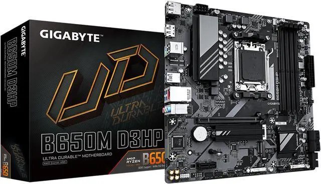 Gigabyte B650M D3HP mATX Motherboard, AMD B650 Chipset, Socket AM5, Supports AMD Ryzen 7000/8000/9000 Series, 4 x DDR5 DIMM Slots, 2 x DisplayPorts, 1 x HDMI, Realtek 2.5GbE LAN, PCIe 4.0 x16 Slot, PCIe 4.0 x4/x2 M.2 Connectors, 4 x SATA 6Gb/s, USB 3.2 Gen 1, USB Type-C, USB 2.0, Q-Flash Plus, Smart Fan 6, Durable Build, Model: B650M D3HP
