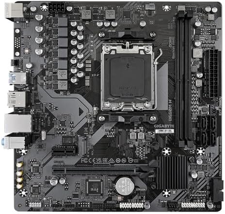 Gigabyte B650MH : AMD AM5 mb - with 5+2+2 phase digital VRM , Addressable LED Strip Support , on-board multi-key buttons , 2x copper PCBs design , MoSFET heatsinks SmartFan6 with 5x temperature sensors + 3x hybrid fan headers , solid pin power connectors ( ATX 8 pin ) , PCIe armor with stainless steel shielding+double locking bracket- AMD B650 chipset , 2x dual channel DDR5-6400(O.C)/5200 upto 64Gb , 4x SATA6G + 1x M.2/NGFF ( Gen4x4 ) with raid 0/1//0+1/5/10 , on-board display with HDMi+DP dual outputs ( depends on CPU ) + Realtek ALC1220-VB 7.1 audio ( DTSX Ultra + optical s/pdif out ) + realtek Gb lan ; 1x PCi-E3.0(x1) + 1x pci-e 4.0 (x16@16x) , with 2x USB3 type-A ( Gen1 5GBPs ) + 4x USB2.0 , bundled norton internet security - micro-atx