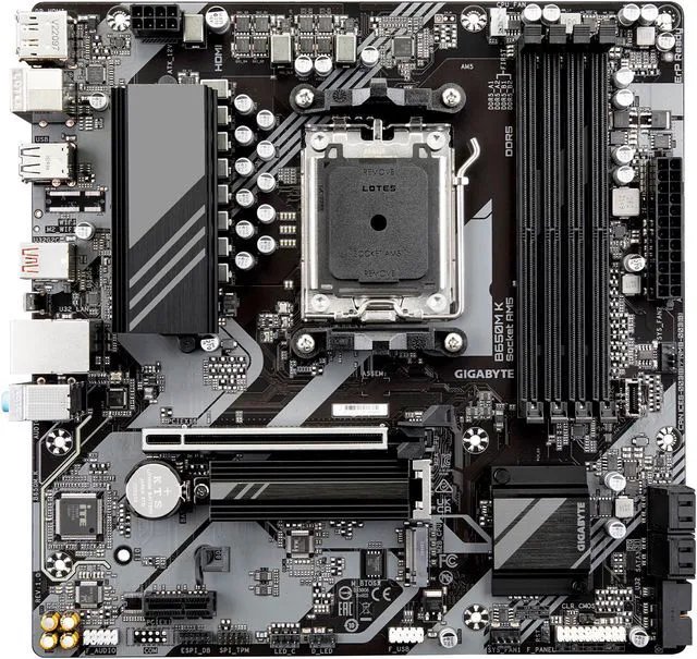 Gigabyte B650M-K : AMD AM5 mb - with 8+2+1 phase digital VRM , Addressable LED Strip Support , on-board multi-key buttons , 2x copper PCBs design , MoSFET heatsinks SmartFan6 with 5x temperature sensors + 3x hybrid fan headers , solid pin power connectors ( ATX 8 pin ) , PCIe armor with stainless steel shielding+double locking bracket- AMD B650 chipset , 4x dual channel DDR5-6400(O.C)/5200 upto 128Gb , 4x SATA6G + 2x M.2/NGFF ( Gen4x4 ) with thermal guard with raid 0/1//0+1/5/10 , on-board display with HDMi+DP dual outputs ( depends on CPU ) + Realtek ALC1220-VB 7.1 audio ( DTSX Ultra + optical s/pdif out ) + realtek RTL8125 2.5Gb lan ; 1x PCi-E3.0(x1) + 1x pci-e 4.0 (x16@16x) , with 1x USB3 type-C ( Gen2 10GBPs ) + 1x USB3 type-A ( Gen2 10GBPs ) + 2x USB3 type-A ( Gen1 5GBPs ) + 4x USB2.0 , bundled norton internet security - micro-atx