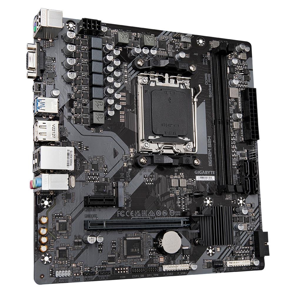 Gigabyte B650MS2H : AMD AM5 mb - with 5+2+2 phase digital VRM , Addressable LED Strip Support , on-board multi-key buttons , 2x copper PCBs design , MoSFET heatsinks SmartFan6 with 5x temperature sensors + 3x hybrid fan headers , solid pin power connectors ( ATX 8 pin ) , PCIe armor with stainless steel shielding+double locking bracket- AMD B650 chipset , 2x dual channel DDR5-6400(O.C)/5200 upto 64Gb , 4x SATA6G + 1x M.2/NGFF ( Gen4x4 ) with raid 0/1//0+1/5/10 , on-board display with D-SUB+ HDMi+ DP triple outputs ( depends on CPU ) + Realtek ALC1220-VB 7.1 audio ( DTSX Ultra + optical s/pdif out ) + realtek Gb lan ; 1x PCi-E3.0(x1) + 1x pci-e 4.0 (x16@16x) , with 2x USB3 type-A ( Gen1 5GBPs ) + 4x USB2.0 , bundled norton internet security - micro-atx