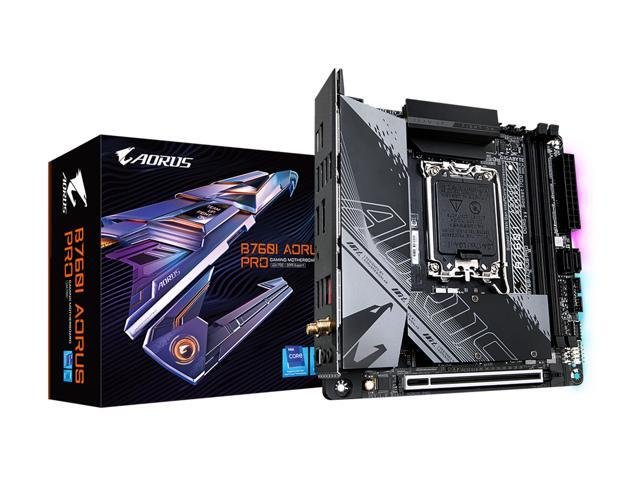 Gigabyte B760i Aorus Pro Ddr5+ Wifi : all-in-one LGA1700 alder lake mb - with 8+1+1 phase digital VRM , hybrid core optimization , pre-mounted I/O shield with thermal armor + RGB Fusion 2.0 with on-board RGB display ( multi zones ) , Addressable LED Strip Support , on-board buttons ( reset + Q-flash ) , 2x copper PCBs design , MoSFET heatsinks with DTH fins-array copper heatpipe , SmartFan6 with 4x temperature sensors + 3x hybrid fan headers , solid pin power connectors ( ATX 8+4pin ) , PCIe armor with stainless steel shielding- intel B760 chipset , 2x dual channel DDR5-8000(O.C)/4800 with XMP3.0 support upto 96Gb , 4x SATA6G + 2x Gen4x4 M.2/NGFF with thermal guard ( PCIe or SATA or Optane mode ) with raid 0/1/0+1/5/10 , on-board display with HDMi+DP dual outputs ( depends on CPU ) + Realtek 7.1 HD audio + optical s/pdif out + intel i255 2.5Gb lan with cFosSpeed Internet Accelerator , Killer Wi-Fi 6 AX1650 WiFi + bluetooth ; 1x PCi-Ex16 ( Gen4@16x ) , with 1x USB3 type-C ( Gen2 10GBPs ) + 1x USB3 type-A ( Gen2 10GBPs ) + 4x USB3 ( Gen1 5GBPs ) + 2x USB2.0 , bundled norton internet security - mini-iTX
