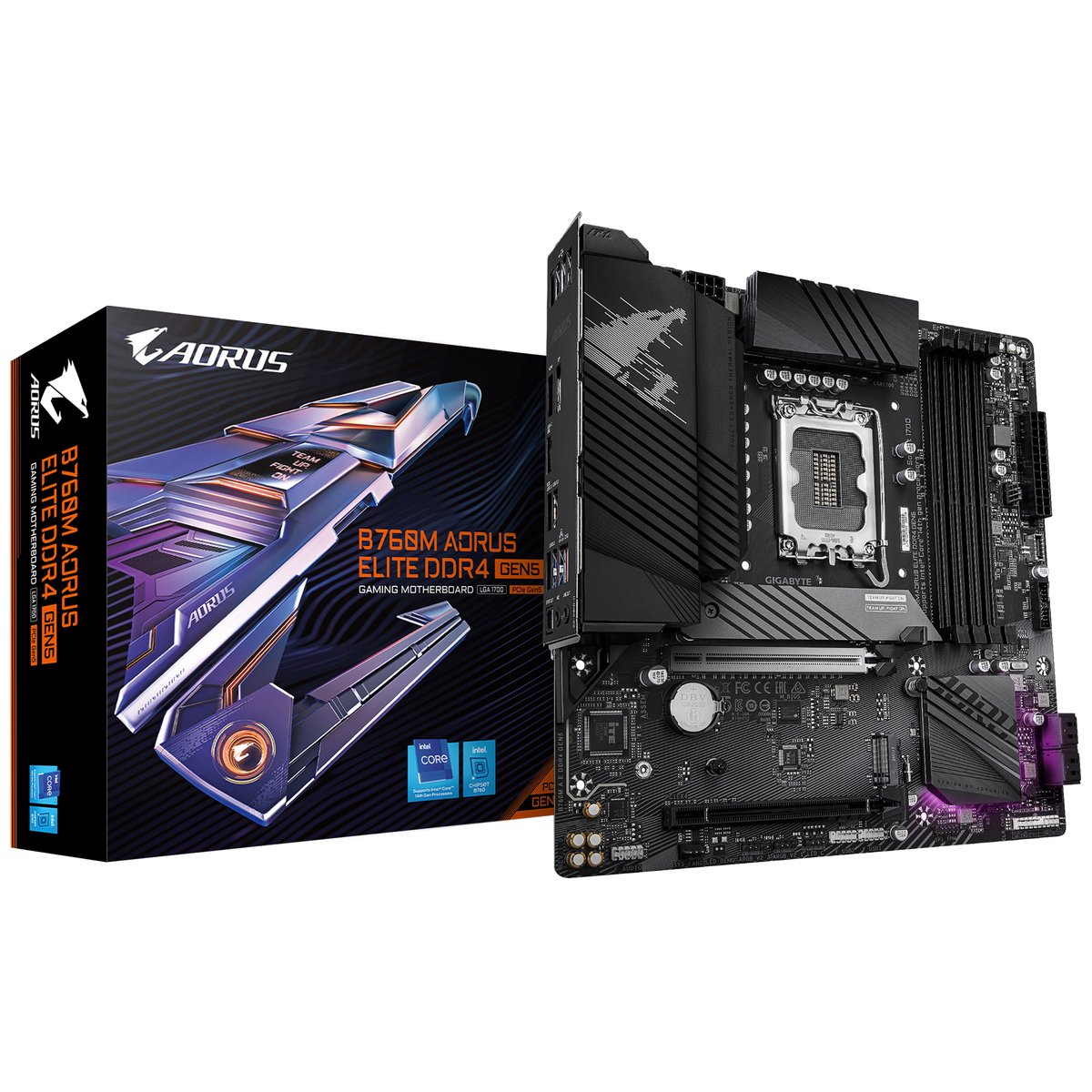 Gigabyte B760M AORUS Elite DDR4 GEN5 Micro-ATX Motherboard Intel B760 chipset, Socket LGA1700, 4DDR4 DIMMs (up to 5333MHz OC), 1PCIe 5.0 x16, 1PCIe 4.0 x4, 2M.2 PCIe 4.0 x4, HDMI, DisplayPort, USB-C 20Gb/s (rear), USB-C 10Gb/s (front), 2.5GbE LAN, Realtek Audio, Smart Fan 6, Q-Flash Plus, RGB Fusion, PCIe EZ-Latch, Ultra Durable design