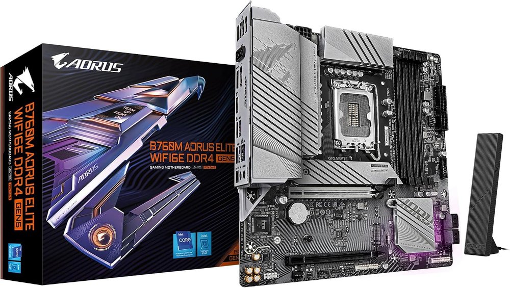 Gigabyte B760M Aorus Elite Ddr4 + Wifi : all-in-one LGA1700 alder lake mb - with 12+1+1 phase digital VRM , hybrid core optimization , pre-mounted I/O shield with thermal armor + RGB Fusion 2.0 with on-board RGB display ( multi zones ) , Addressable LED Strip Support , on-board buttons ( reset + Q-flash ) , 2x copper PCBs design , MoSFET heatsinks with DTH fins-array copper heatpipe , SmartFan6 with 6x temperature sensors + 4x hybrid fan headers , solid pin power connectors ( ATX 8+4pin ) , PCIe armor with stainless steel shielding , with 2x thunderbolt card connector- intel B760 chipset , 4x dual channel DDR4-5333(O.C)/3200 with XMP3.0 support upto 128Gb , 4x SATA6G + 2x M.2/NGFF ( Gen4x4 ) with thermal guard 3 ( PCIe or SATA or Optane mode ) with raid 0/1/0+1/5/10 , on-board display with HDMi+DP dual outputs ( depends on CPU ) + Realtek 7.1 HD audio + optical s/pdif out + Realtek 8125 2.5Gb lan , intel Wifi-6E ax211 dual band 2.4/5/6Gbps WiFi + bluetooth ; 2x PCi-Ex16 ( Gen4@16x + 4x ) for Quad-GPU CrossfireX (no SLi) , with 1x USB3 type-C ( Gen2x2 20GBPs ) + 1x USB3 type-A ( Gen2 10GBPs ) + 4x USB3 ( Gen1 5GBPs ) + 4x USB2.0 , bundled norton internet security - micro-atx