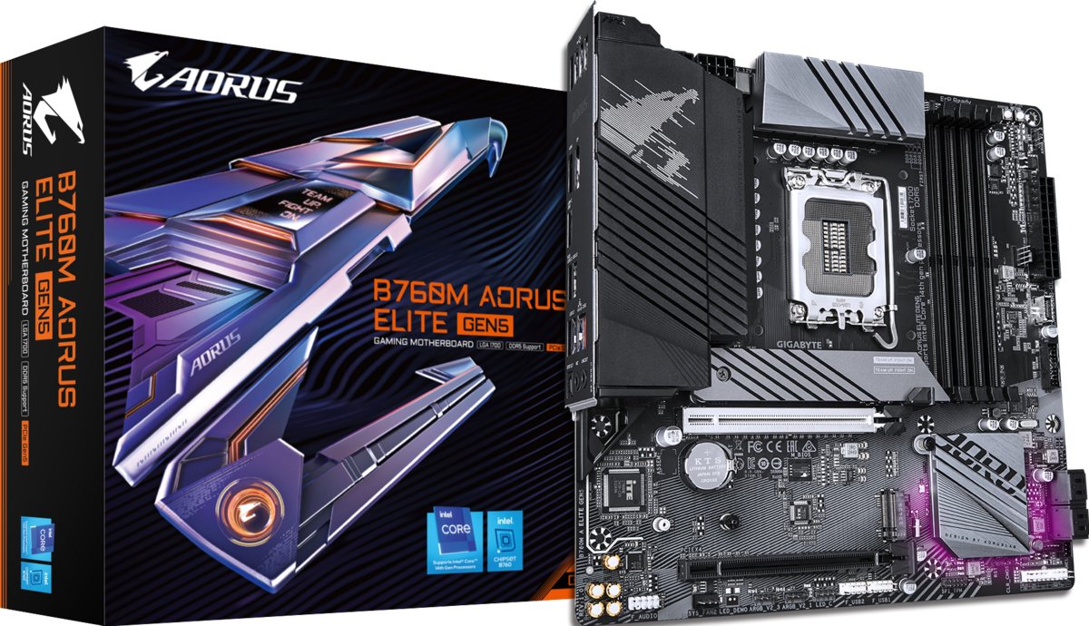 Gigabyte B760M AORUS Elite D5 B760M A ELITE Premium Micro-ATX motherboard, DDR5 RAM, designed for Intel processors.