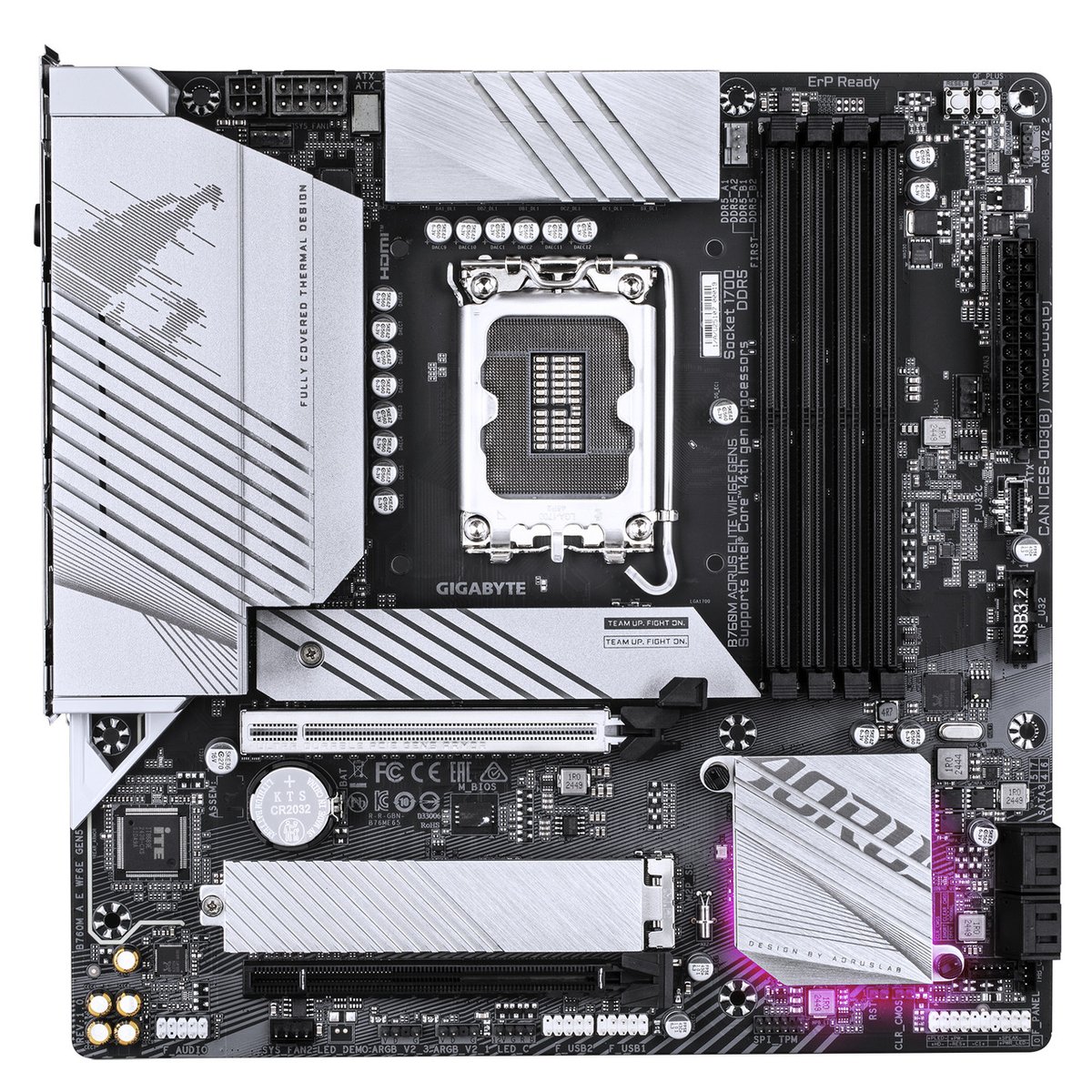 Gigabyte B760M Aorus Elite Ddr5 + Wifi : all-in-one LGA1700 alder lake mb - with 12+1+1 phase digital VRM , hybrid core optimization , pre-mounted I/O shield with thermal armor + RGB Fusion 2.0 with on-board RGB display ( multi zones ) , Addressable LED Strip Support , on-board buttons ( reset + Q-flash ) , 2x copper PCBs design , MoSFET heatsinks with DTH fins-array copper heatpipe , SmartFan6 with 6x temperature sensors + 4x hybrid fan headers , solid pin power connectors ( ATX 8+4pin ) , PCIe armor with stainless steel shielding , with 2x thunderbolt card connector- intel B760 chipset , 4x dual channel DDR5-7600(O.C)/4800 with XMP3.0 support upto 128Gb , 4x SATA6G + 2x M.2/NGFF ( Gen4x4 ) with thermal guard 3 ( PCIe or SATA or Optane mode ) with raid 0/1/0+1/5/10 , on-board display with HDMi+DP dual outputs ( depends on CPU ) + Realtek 7.1 HD audio + optical s/pdif out + Realtek 8125 2.5Gb lan , intel Wifi-6E ax211 dual band 2.4/5/6Gbps WiFi + bluetooth ; 2x PCi-Ex16 ( Gen4@16x + 4x ) for Quad-GPU CrossfireX (no SLi) , with 1x USB3 type-C ( Gen2x2 20GBPs ) + 1x USB3 type-A ( Gen2 10GBPs ) + 4x USB3 ( Gen1 5GBPs ) + 4x USB2.0 , bundled norton internet security - micro-atx