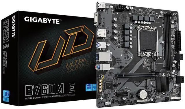 Gigabyte B760M-E D5 LGA1700 (B760ME) Micro-ATX motherboard, Intel B760 chipset, supports Intel 12th/13th/14th Gen Core processors, DDR5 dual-channel (2 DIMMs), PCIe 4.0 x16 slot, 2 PCIe 4.0 M.2 connectors, GbE LAN, HDMI/DP/D-Sub outputs, Smart Fan 6 cooling, durable VRM design.