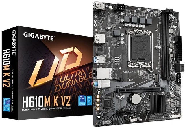 Gigabyte H610M K ddr5 : all-in-one LGA1700 alder lake mb - with 3+1+1 phase digital VRM , hybrid core optimization , SmartFan6 with 4x temperature sensors + 2x hybrid fan headers , solid pin power connectors ( ATX 8pin )- intel H610 chipset , 2x dual channel DDR5-5600 with XMP3.0 support upto 64Gb , 2x SATA6G + 1x Gen3x4 M.2/NGFF ( PCIe or SATA or Optane mode ) , on-board display with DP+ HDMi dual outputs ( depends on CPU ) + Realtek 7.1 HD audio + optical s/pdif out + Realtek RTL8111H gigabit lan ; 1x pci-e(1x) , 1x PCi-Ex16 ( Gen4@16x ) , with 2x USB3 ( Gen1 5GBPs ) + 4x USB2.0 , bundled norton internet security - micro-atx