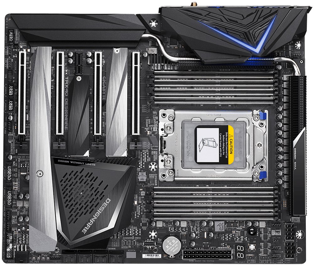 Gigabyte TRX40 Aorus Designare + Wifi : AMD sTRX4 ( Threaderipper 3 series only ) mb - with 16+3 phase digital VRM , pre-mounted I/O shield with thermal armor + RGB Fusion 2.0 with on-board RGB display ( multi zones ) , Addressable LED Strip Support , on-board buttons ( power + reset + clear CMOS+ Q-Flash ) , 2x copper PCBs design , MoSFET heatsinks with 4x DTH fins-array copper heatpipe , SmartFan5 with 9x temperature sensors + 8x hybrid fan headers , solid pin power connectors ( ATX 24+8+8pin ) , memory armor with stainless steel shielding , PCIe armor with stainless steel shielding+double locking bracket , with bundled Aorus Gen4 Aic adapter + 40Gb/s GC-Titan Ridge thunderbolt add-In Card- 8x Quad channel DDR4-4400(O.C)/3200 upto 256Gb ( ECC or non-ECC ) , 8x SATA6G + 4x Gen4x4 M.2/NGFF with thermal guards ( PCIe or SATA mode ) , with NVME raid 0/1//0+1/5/10 , on-board Realtek ALC4050H + ALC1220-VB + ESS ES9118 sabre DAC 7.1 HD audio with DTS-X ultra ( with 120 dB SNR playback + headphone AMP , with WiMA+Nichicon audio capacitors + optical s/pdif out ) , dual intel 210AT gigabit lan , intel WiFi6 AX200 802.11AX dual band 2.4Gbps WiFi + bluetooth , with cFosSpeed Internet Accelerator ; 1x pci-e (1x) , 4x pci-e 4.0 (16x+16x+8x+8x upto 88 lanes ) for Quad-GPU SLi/CrossfireX , , 1x USB3 type-C ( Gen2 ) + 5x USB3 type-A ( Gen2 ) + 2x USB2 - XL-atx ( 33x28cm )