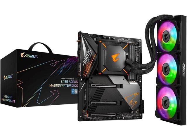 Gigabyte Z490 Aorus Master Waterforce + Wifi : all-in-one LGA1200 (rocket lake + coMet lake) mb - with CPU+VRM liquid cooler 360 ( 394x119x27mm radiator with 3x120mm ARGB fans ) + thermal baseplate , 14+1 phase digital VRM , pre-mounted I/O shield with thermal armor + RGB Fusion 2.0 with on-board RGB display ( multi zones ) , Addressable LED Strip Support , on-board buttons ( power + reset + clear CMOS ) , 2x copper PCBs design , MoSFET heatsinks with DTH fins-array copper heatpipe , SmartFan5 with 9x temperature sensors + 8x hybrid fan headers , solid pin power connectors ( ATX 24+8+8pin ) , memory armor with stainless steel shielding , PCIe armor with stainless steel shielding , with extra noise detection hardware monitoring , with 2x thunderbolt card connectors- intel Z490 chipset , 4x dual channel DDR4-5000(O.C)/2933 with XMP support upto 128Gb , 6x SATA6G + tripple Gen3x4 M.2/NGFF with thermal guards ( PCIe or SATA or Optane mode ) with raid 0/1//0+1/5/10 , on-board display with HDMi output ( depends on CPU ) + Realtek ALC1220-VB 7.1 HD audio ( with ESS SABRE ES9118 DAC + WiMA+Nichicon audio capacitors + optical s/pdif out ) + intel 2.5Gb lan with cFosSpeed Internet Accelerator , intel Wifi-6 AX201 dual band 2.4Gbps WiFi + bluetooth ;3x pci-e 3.0 (16x+8x+4x) for Quad-GPU SLi/CrossfireX , with 1x USB3 type-C ( Gen2 10GBPs ) + 3x USB3 type-A ( Gen2 10GBPs ) + 2x USB3 ( Gen1 5GBPs ) + 4x USB2.0 , bundled norton internet security - atx