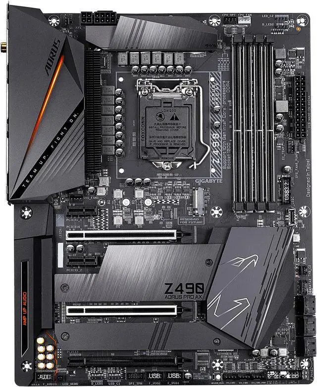 Gigabyte Z490 Aorus Pro ax + Wifi : all-in-one LGA1200 (rocket lake + coMet lake) mb - with 12+1 phase digital VRM , pre-mounted I/O shield with thermal armor + RGB Fusion 2.0 with on-board RGB display ( multi zones ) , Addressable LED Strip Support , 2x copper PCBs design , MoSFET heatsinks with copper heatpipe , SmartFan5 with 9x temperature sensors + 8x hybrid fan headers , solid pin power connectors ( ATX 24+8+4pin ) , memory armor with stainless steel shielding , PCIe armor with stainless steel shielding , with 2x thunderbolt card connectors- intel Z490 chipset , 4x dual channel DDR4-5000(O.C)/2933 with XMP support upto 128Gb , 6x SATA6G + dual Gen3x4 M.2/NGFF with thermal guards ( PCIe or SATA or Optane mode ) with raid 0/1//0+1/5/10 , on-board display with HDMi output ( depends on CPU ) + Realtek ALC1220-VB 7.1 HD audio ( with WiMA+Nichicon audio capacitors + optical s/pdif out ) + intel 2.5Gb lan with cFosSpeed Internet Accelerator , intel Wifi-6 AX201 dual band 2.4Gbps WiFi + bluetooth ; 2x pci-e(1x) , 3x pci-e 3.0(16x+8x+4x) for Quad-GPU SLi/CrossfireX , with 1x USB3 type-C ( Gen2 10GBPs ) + 2x USB3 type-A ( Gen2 10GBPs ) + 3x USB3 ( Gen1 5GBPs ) + 4x USB2.0 , bundled norton internet security - atx