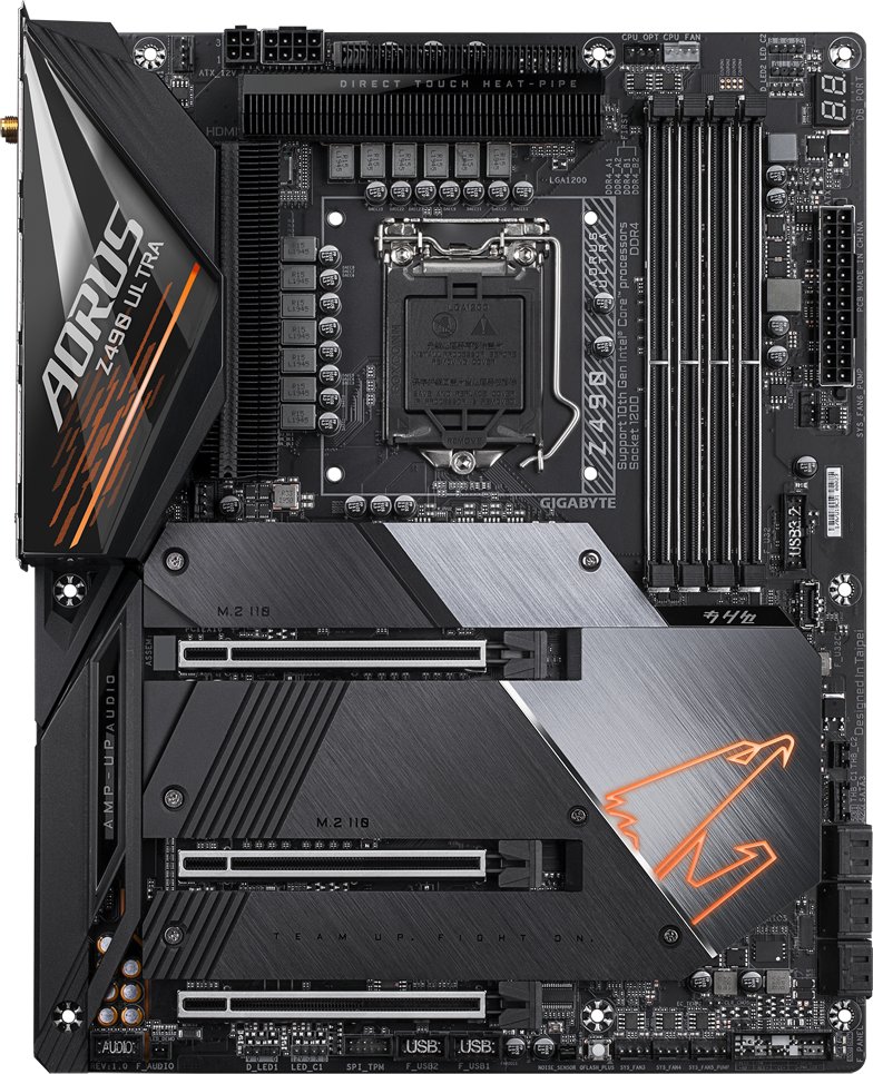 Gigabyte Z490 Aorus Ultra + Wifi : all-in-one LGA1200 (rocket lake + coMet lake) mb - with 12+1 phase digital VRM , pre-mounted I/O shield with thermal armor + RGB Fusion 2.0 with on-board RGB display ( multi zones ) , Addressable LED Strip Support , 2x copper PCBs design , MoSFET heatsinks with DTH copper heatpipe , nanocarbon coated fin array , SmartFan5 with 9x temperature sensors + 8x hybrid fan headers , solid pin power connectors ( ATX 24+8+4pin ) , memory armor with stainless steel shielding , memory armor with stainless steel shielding , PCIe armor with stainless steel shielding , with extra noise detection hardware monitoring , with 2x thunderbolt card connectors- intel Z490 chipset , 4x dual channel DDR4-5000(O.C)/2933 with XMP support upto 128Gb , 6x SATA6G + 3x Gen3x4 M.2/NGFF with thermal guards ( PCIe or SATA or Optane mode ) with raid 0/1//0+1/5/10 , on-board display with HDMi output ( depends on CPU ) + Realtek ALC1220-VB 7.1 HD audio ( with WiMA+Nichicon audio capacitors + optical s/pdif out ) + intel 2.5Gb lan with cFosSpeed Internet Accelerator , intel Wifi-6 AX201 dual band 2.4Gbps WiFi + bluetooth ; 3x pci-e 3.0 (16x+8x+4x) for Quad-GPU SLi/CrossfireX , with 1x USB3.1 type-C ( Gen2 10GBPs ) + 3x USB3.1 type-A ( Gen2 10GBPs ) + 2x USB3 ( Gen1 5GBPs ) + 4x USB2.0 , bundled norton internet security - atx