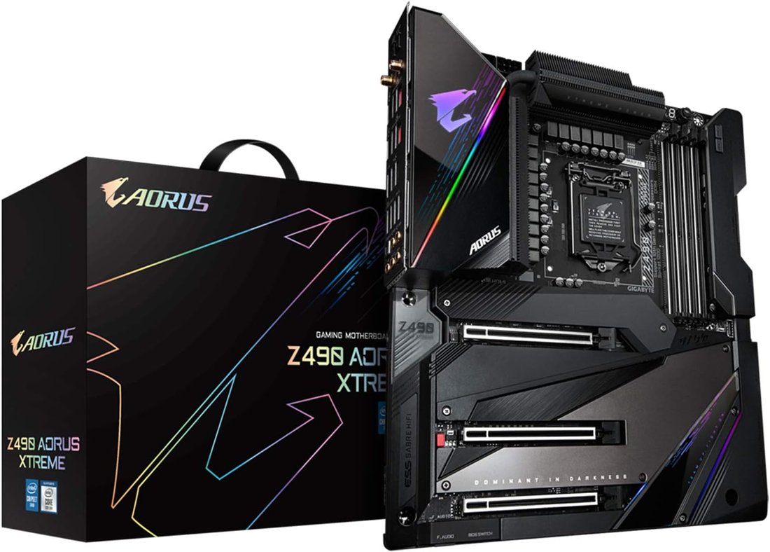 Gigabyte Z490 Aorus Xtreme + Wifi+Thunderbolt3 : all-in-one LGA1200 (rocket lake + coMet lake) mb - with 16+1 phase digital VRM , pre-mounted I/O shield with thermal armor + RGB Fusion 2.0 with on-board RGB display ( multi zones ) , Addressable LED Strip Support , on-board buttons ( power + reset + clear CMOS ) , 2x copper PCBs design , MoSFET heatsinks with 4x DTH fins-array copper heatpipe) , nanocarbon coating backplate , SmartFan5 with 10x temperature sensors + 8x hybrid fan headers , solid pin power connectors ( ATX 24+8+8pin ) , memory armor with stainless steel shielding , PCIe armor with stainless steel shielding , with extra noise detection hardware monitoring- intel Z490 chipset , 4x dual channel DDR4-5000(O.C)/2933 with XMP support upto 128Gb , 6x SATA6G + 3x Gen3x4 M.2/NGFF with thermal guards ( PCIe or SATA or Optane mode ) with raid 0/1//0+1/5/10 , on-board display with 2x Thunderbolt3(40GBPs) / type-C + HDMi output ( depends on CPU ) + Realtek ALC1220-VB 7.1 Hi-Fi audio ( ESS ES9018K2M DAC + ES9218P DAC + TI OPA1622 amplifiers + WiMA+Nichicon audio capacitors + TXC oscillator + anti-pop circuit + gold plated audio jacks + optical s/pdif out ) + bundled ESSential USB type-C audio DAC + dual lan ( intel 2.5Gb + aquantia 10Gb ) with cFosSpeed Internet Accelerator , intel Wifi-6 AX201 dual band 2.4Gbps WiFi + bluetooth ; 3x pci-e 3.0 (16x+8x+4x) for Quad-GPU SLi/CrossfireX , with 2x Thunderbolt3(40GBPs) / type-C + 4x USB3 type-A ( Gen2 10GBPs ) + 2x USB3 ( Gen1 5GBPs ) + 2x USB2.0 , bundled norton internet security - E-atx