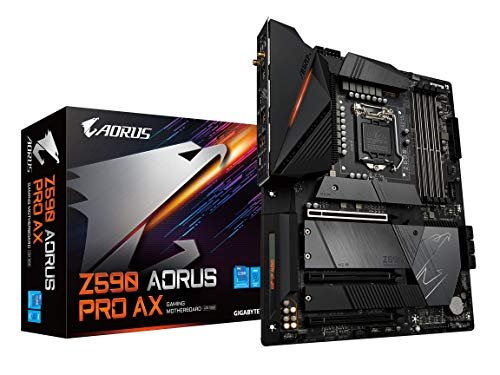Gigabyte Z590 Aorus Pro ax + Wifi : all-in-one LGA1200 (rocket lake + coMet lake) mb - with 12+1 phase digital VRM , pre-mounted I/O shield with thermal armor + RGB Fusion 2.0 with on-board RGB display ( multi zones ) , Addressable LED Strip Support , 2x copper PCBs design , MoSFET heatsinks with copper heatpipe , SmartFan6 with 9+2 temperature sensors + 8x hybrid fan headers , solid pin power connectors ( ATX 24+8+8pin ) , memory armor with stainless steel shielding , PCIe armor with stainless steel shielding , with 2x thunderbolt card connectors- intel Z590 chipset , 4x dual channel DDR4-5400(O.C)/3200 with XMP support upto 128Gb , 6x SATA6G + quad ( 3x Gen4x4 + Gen3x4 ) M.2/NGFF with thermal guards ( PCIe or SATA or Optane mode ) with raid 0/1/0+1/5/10 , on-board display with DP output ( depends on CPU ) + Realtek ALC4080 7.1 HD audio + optical s/pdif out + intel 2.5Gb lan with cFosSpeed Internet Accelerator , intel Wifi-6 AX200 dual band 2.4/5Gbps WiFi + bluetooth ; 3x PCi-Ex16 ( Gen4@16x + Gen3@4x + Gen3@4x ) for Quad-GPU CrossfireX (no SLi) , with 1x USB3 type-C ( Gen2x2 20GBPs ) + 4x USB3 type-A ( Gen2 10GBPs ) + 4x USB3 ( Gen1 5GBPs ) + 4x USB2.0 , bundled norton internet security - atx