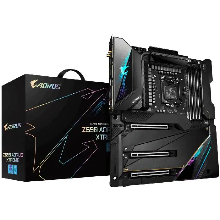 Gigabyte Z590 Aorus Xtreme + Wifi+Thunderbolt4 : all-in-one LGA1200 (rocket lake + coMet lake) mb - with 20+1 phase digital VRM , pre-mounted I/O shield with thermal armor + RGB Fusion 2.0 with on-board RGB display ( multi zones ) , Addressable LED Strip Support , on-board buttons ( power + reset + clear CMOS ) , 2x copper PCBs design , MoSFET heatsinks with 4x DTH fins-array copper heatpipe) , nanocarbon coating backplate , SmartFan6 with 8+2 temperature sensors + 10x hybrid fan headers , solid pin power connectors ( ATX 24+8+8pin ) , memory armor with stainless steel shielding , PCIe armor with stainless steel shielding , with extra noise detection hardware monitoring- intel Z590 chipset , 4x dual channel DDR4-5400(O.C)/3200 with XMP support upto 128Gb , 6x SATA6G + 5x M.2/NGFF with thermal guards ( 3x Gen4x4 + 2x Gen3x4 ) with raid 0/1/0+1/5/10 , on-board display with 2x Thunderbolt4(40GBPs) / type-C + HDMi output ( depends on CPU ) + Realtek ALC1220-VB 7.1 Hi-Fi audio ( ESS ES9018K2M DAC + ES9218P DAC + TI OPA1622 amplifiers + WiMA+Nichicon audio capacitors + TXC oscillator + anti-pop circuit + gold plated audio jacks + optical s/pdif out ) + bundled ESSential USB type-C audio DAC + dual lan ( intel 2.5Gb + aquantia 10Gb ) with cFosSpeed Internet Accelerator , intel Wifi-6E AX210 dual band 2.4/5Gbps WiFi + bluetooth ; 3x PCi-Ex16 ( Gen4@16x + Gen4@8x + Gen3@4x ) for Quad-GPU CrossfireX , with 2x Thunderbolt4(40GBPs) / type-C + 8x USB3 type-A ( Gen2 10GBPs ) , bundled norton internet security - E-atx