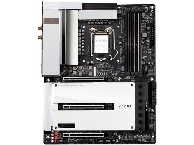 Gigabyte Z590 Vision D + Wifi+Thunderbolt4 : all-in-one LGA1200 (rocket lake + coMet lake) mb - with Direct 12+1 phase digital VRM , pre-mounted I/O shield with thermal armor + RGB Fusion 2.0 , Addressable LED Strip Support , 2x copper PCBs design , MoSFET heatsinks with copper heatpipe , SmartFan6 with 10x temperature sensors + 8x hybrid fan headers , solid pin power connectors ( ATX 24+8+4pin ) , memory armor with stainless steel shielding , PCIe armor with stainless steel shielding + double locking bracket , with VisionLink Thunderbolt 4.0- intel Z590 chipset , 4x dual channel DDR4-5333(O.C)/3200 with XMP support upto 128Gb , 6x SATA6G + 3x M.2/NGFF ( Gen4x4 + 2xGen3x4 ) with thermal guards ( PCIe or SATA or Optane mode ) with raid 0/1/0+1/5/10 , on-board display with 2x Thunderbolt4(40GBPs) / type-C + HDMi dual output ( depends on CPU ) + DP input from graphics card for 4K through Thunderbolt + Realtek ALC4080 7.1 HD audio + optical s/pdif out + dual intel 2.5Gb lan with cFosSpeed Internet Accelerator + intel Wifi-6E AX210 dual band 2.4/5Gbps WiFi + bluetooth ; 1x pci-e(1x) , 3x PCi-Ex16 ( Gen4@16x + Gen4@8x + Gen3@4x) for Quad-GPU CrossfireX (no SLi) , with 2x Thunderbolt4(40GBPs) / type-C + 1x USB3 type-C ( Gen2 10GBPs ) + 2x USB3 type-A ( Gen2 10GBPs ) + 4x USB3 ( Gen1 5GBPs ) , bundled norton internet security - atx