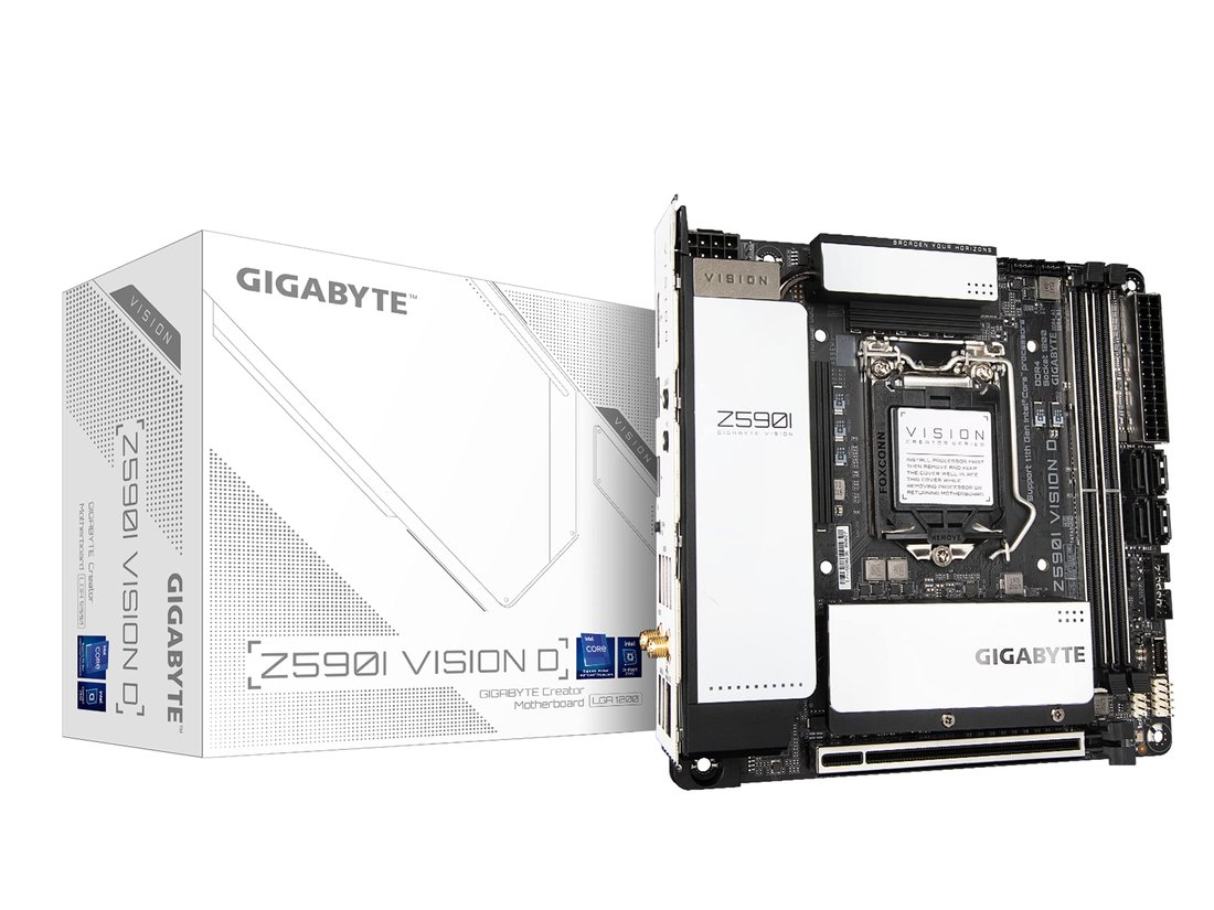 Gigabyte Z590 Vision D Itx + Wifi+Thunderbolt4 : all-in-one LGA1200 (rocket lake + coMet lake) mb - with digital VRM , pre-mounted I/O shield with thermal armor + RGB Fusion 2.0 , Addressable LED Strip Support , 2x copper PCBs design , MoSFET heatsinks with copper heatpipe , SmartFan6 with 4x temperature sensors + 4x hybrid fan headers , solid pin power connectors ( ATX 24+8pin ) , memory armor with stainless steel shielding , PCIe armor with stainless steel shielding + double locking bracket , with Thunderbolt 4.0- intel Z590 chipset , 2x dual channel DDR4-3200 with XMP support upto 128Gb , 4x SATA6G + dual ( Gen4x4 + Gen3x4 ) M.2/NGFF with thermal guards ( PCIe or SATA or Optane mode ) with raid 0/1/0+1/5/10 , on-board display with 2x Thunderbolt4(40GBPs) / type-C output ( depends on CPU ) + DP input from graphics card for 4K through Thunderbolt + Realtek ALC4080 7.1 HD audio + intel 2.5Gb lan with cFosSpeed Internet Accelerator + intel Wifi-6 AX200 dual band 2.4/5Gbps WiFi + bluetooth ; 1x PCi-Ex16 ( Gen4@16x ) , with 2x Thunderbolt4(40GBPs) / type-C + 2x USB3 type-A ( Gen2 10GBPs ) + 4x USB3 ( Gen1 5GBPs ) , bundled norton internet security - mini-Itx