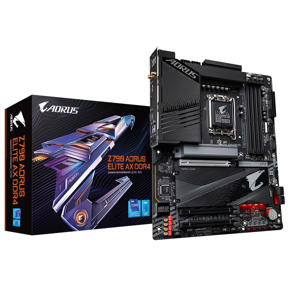 Gigabyte Z790 Aorus Elite ax Ddr4 + Wifi : all-in-one LGA1700 mb - with 16+1+2 phase digital VRM , hybrid core optimization , pre-mounted I/O shield with thermal armor + RGB Fusion 2.0 with on-board RGB display ( multi zones ) , Addressable LED Strip Support , on-board buttons ( power + reset + clear CMOS + Q-flash ) , 2x copper PCBs design , MoSFET heatsinks with copper heatpipe , SmartFan6 with 6 temperature sensors + 6x hybrid fan headers , solid pin power connectors ( ATX 24+8+8pin ) , PCIe armor with stainless steel shielding , with 2x thunderbolt card connectors- intel Z790 chipset , 4x dual channel DDR4-5333(O.C)/3200 with XMP3.0 support upto 128Gb , 6x SATA6G + 4x M.2/NGFF ( Gen4x4 ) with thermal guard 2 ( PCIe or SATA or Optane mode ) with raid 0/1/0+1/5/10 , on-board display with HDMi+DP dual outputs ( depends on CPU ) + Realtek ALC1220-VB 7.1 HD audio + optical s/pdif out + realtek 8125 2.5Gb + intel Wifi-6E AX211 tri-band 2.4/5/6Gbps WiFi + bluetooth ; 3x PCi-Ex16 ( Gen5@16x + 2x Gen4@4x) for Quad-GPU CrossfireX (no SLi) , with 1x USB3 type-C ( Gen2x2 20GBPs ) + 2x USB3 type-A ( Gen2 10GBPs ) + 3x USB3 type-A ( Gen1 5GBPs ) + 4x USB2.0 , bundled norton internet security - atx