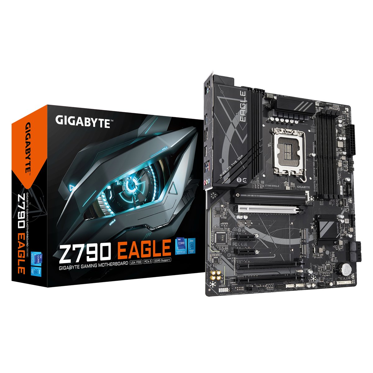 Gigabyte Z790 Eagle : all-in-one LGA1700 mb - with 12+1+1 phase digital VRM , hybrid core optimization , pre-mounted I/O shield with thermal armor + RGB Fusion 2.0 , Addressable LED Strip Support , 2x copper PCBs design , MoSFET heatsinks with copper heatpipe , SmartFan6 with temperature sensors + 6x hybrid fan headers , solid pin power connectors ( ATX 24 + 8+8pin ) , PCIe armor with stainless steel shielding , with 2x thunderbolt card connector , on-board buttons ( reset + clear CMOS + Q-flash )- intel Z790 chipset , 4x dual channel DDR5-7600(O.C)/5600 with XMP3.0 support upto 256Gb , 4x SATA6G with raid 0/1/5/10 + 3x M.2/NGFF ( Gen4x4 ) with raid 0/1/5/10 , on-board display with HDMi+DP dual outputs ( depends on CPU ) + Realtek 7.1 audio + Realtek 2.5Gb lan ; 2x pci-e(1x) , 3x PCi-Ex16 ( Gen5@16x + Gen4@4x + Gen3@1x ) , with 1x USB3 type-C ( Gen2x2 20GBPs ) + 1x USB3 type-A ( Gen2 10GBPs ) + 4x USB3 ( Gen1 5GBPs ) + 2x usb2.0 - atx