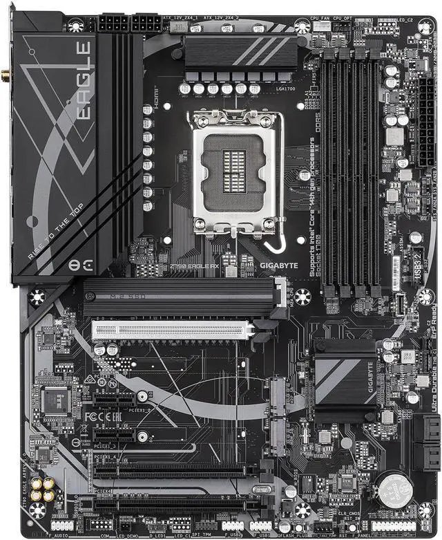 Gigabyte Z790 Eagle AX + Wifi : all-in-one LGA1700 mb - with 12+1+1 phase digital VRM , hybrid core optimization , pre-mounted I/O shield with thermal armor + RGB Fusion 2.0 , Addressable LED Strip Support , 2x copper PCBs design , MoSFET heatsinks with copper heatpipe , SmartFan6 with temperature sensors + 6x hybrid fan headers , solid pin power connectors ( ATX 24 + 8+8pin ) , PCIe armor with stainless steel shielding , with 2x thunderbolt card connector , on-board buttons ( reset + clear CMOS + Q-flash )- intel Z790 chipset , 4x dual channel DDR5-7600(O.C)/5600 with XMP3.0 support upto 256Gb , 4x SATA6G with raid 0/1/5/10 + 3x M.2/NGFF ( Gen4x4 ) with raid 0/1/5/10 , on-board display with HDMi+DP dual outputs ( depends on CPU ) + Realtek 7.1 audio + Realtek 2.5Gb lan , Wi-Fi 6E 2.4/5/6GHz tri band + bluetooth 5.3 ; 2x pci-e(1x) , 3x PCi-Ex16 ( Gen5@16x + Gen4@4x + Gen3@1x ) , with 1x USB3 type-C ( Gen2x2 20GBPs ) + 1x USB3 type-A ( Gen2 10GBPs ) + 4x USB3 ( Gen1 5GBPs ) + 2x usb2.0 - atx