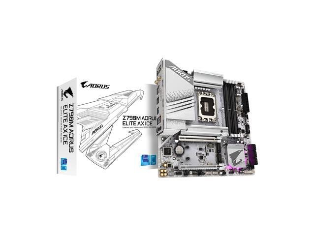 Gigabyte Z790M Aorus Elite ax ice ddr5 + WiFi : all-in-one LGA1700 mb - with 12+1+1 phase digital VRM , hybrid core optimization , pre-mounted I/O shield with thermal armor + RGB Fusion 2.0 with on-board RGB display ( multi zones ) , Addressable LED Strip Support , on-board buttons ( power + reset + clear CMOS + Q-flash ) , 2x copper PCBs design , MoSFET heatsinks with copper heatpipe , SmartFan6 with 6 temperature sensors + 6x hybrid fan headers , solid pin power connectors ( ATX 8+4pin ) , memory armor + PCIe armor with stainless steel shielding , with 2x thunderbolt card connectors- intel Z790 chipset , 4x dual channel DDR5-7600(O.C)/4800 with XMP3.0 support upto 128Gb , 6x SATA6G + 3x M.2/NGFF ( Gen4x4 ) with thermal guard 2 ( PCIe or SATA or Optane mode ) with raid 0/1/0+1/5/10 , on-board display with HDMi+DP dual outputs ( depends on CPU ) + Realtek ALC1220-VB 7.1 HD audio + optical s/pdif out + realtek 8125 2.5Gb + intel Wifi-6E AX211 tri-band 2.4/5/6Gbps WiFi + bluetooth ; 2x PCi-Ex16 ( Gen5@16x + Gen4@4x) for Quad-GPU CrossfireX (no SLi) , with 1x USB3 type-C ( Gen2x2 20GBPs ) + 1x USB3 type-A ( Gen2 10GBPs ) + 4x USB3 type-A ( Gen1 5GBPs ) + 4x USB2.0 , bundled norton internet security - micro-atx